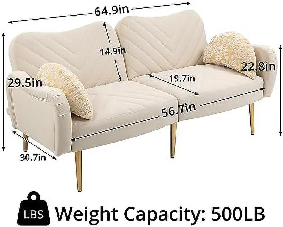 xrboomlife Convertible Folding Futon Sofa Bed  Morden Sleeper Sofa Bed with Armrest and Metal Legs  Velvet Upholstered Tufted Sofa with Adjustable Positions  Accent Sofa Couch for Small L