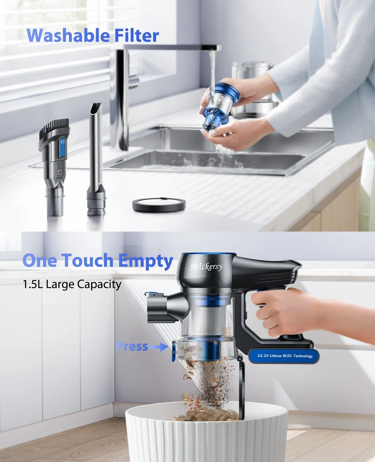 Cordless Vacuum Cleaner, Power Stick Vacuum 450W 36Kpa with Long Runtime Detachable Battery, Vacuum Cleaner with LED Display Lightweight & Quiet, for Pet Hair, Floor, Carpet, 1.5L Dust Cup