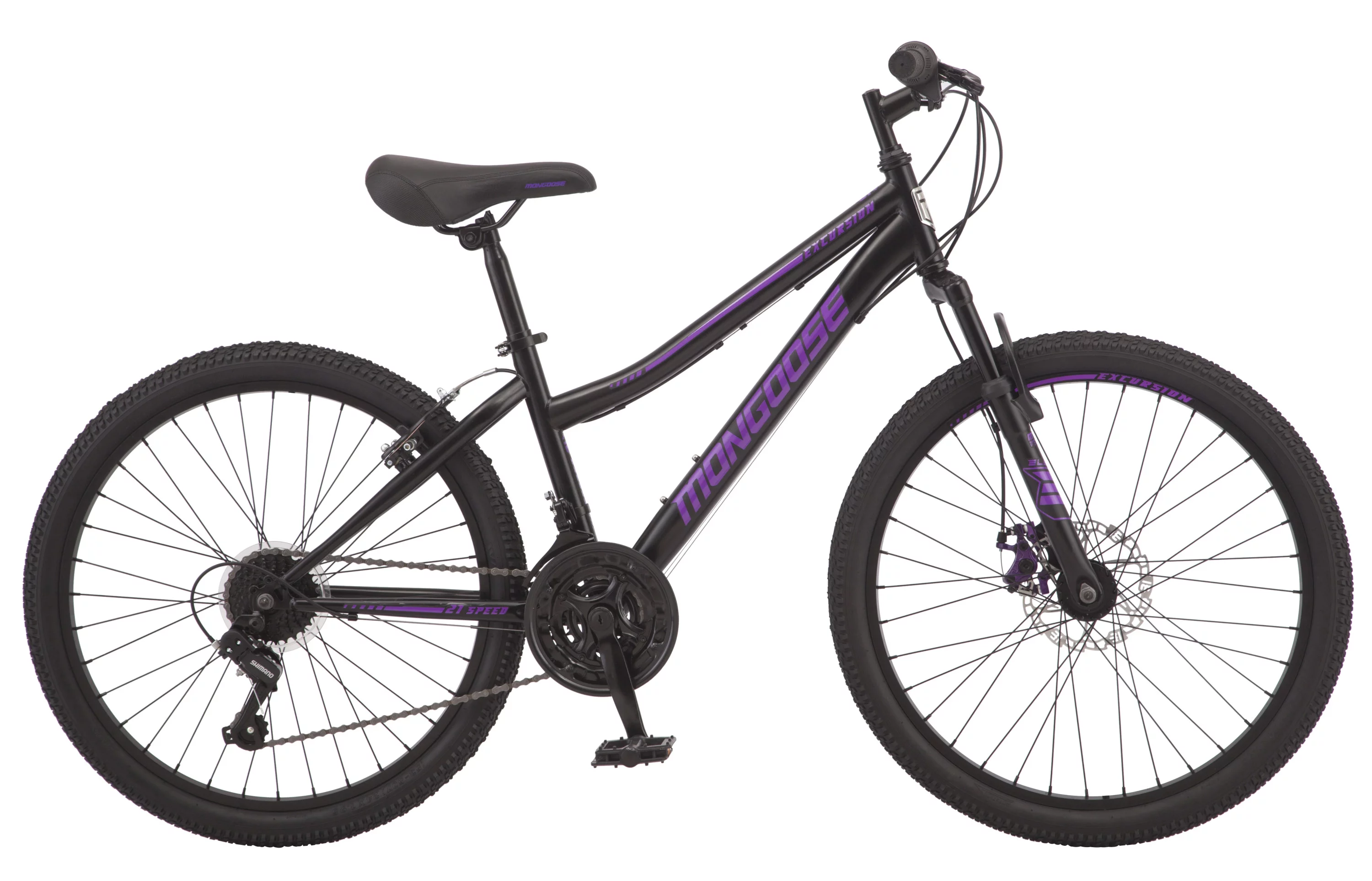 Mongoose Excursion mountain bike, 24-inch wheel, 21 speeds, girls frame, black / purple