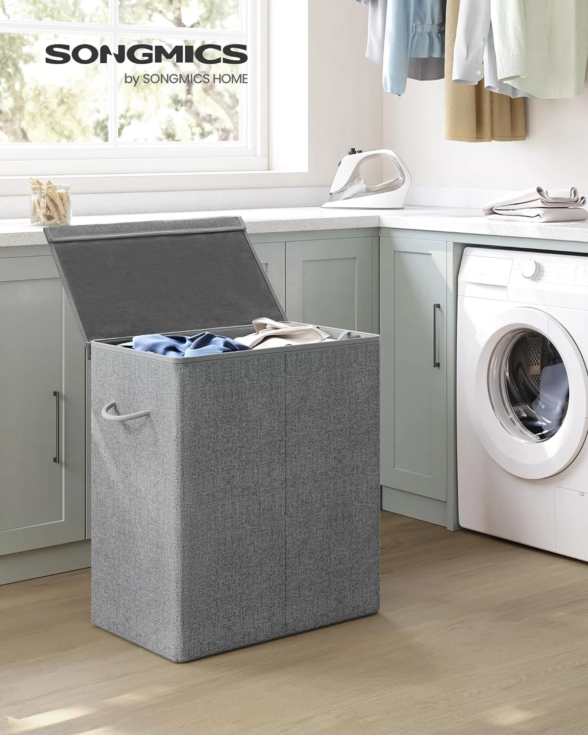 Sturdy Double Laundry Hamper with Lid, Removable Fabric Bag, 142L Large Clothes Hamper 2 Section, Laundry Basket with Handles for Closet, Laundry Room, Bedroom, Bathroom, Gray ULCB02G