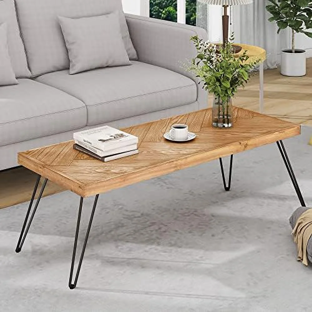 CGFHYP Modern Wood Coffee Table  Nature Cocktail Table for Living Room Chevron Pattern & Metal Hairpin Legs  Nature Rustic Rectangular Table