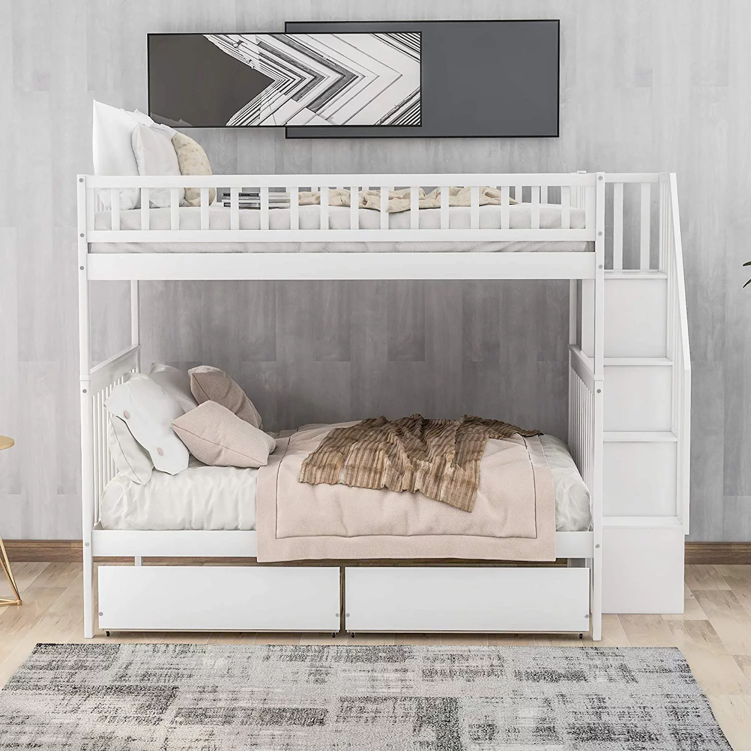 Churanty Full over Full Bunk Bed with Two Storage Drawers and Storage Shelves for Kids Children,White