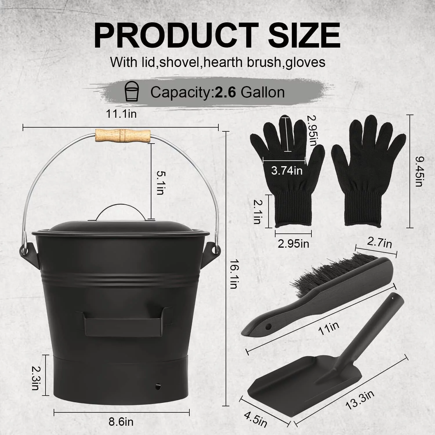 Fireplace Ash Bucket with Lid Shovel, Hand Broom and Gloves, 2.6 Gallon Charcoal