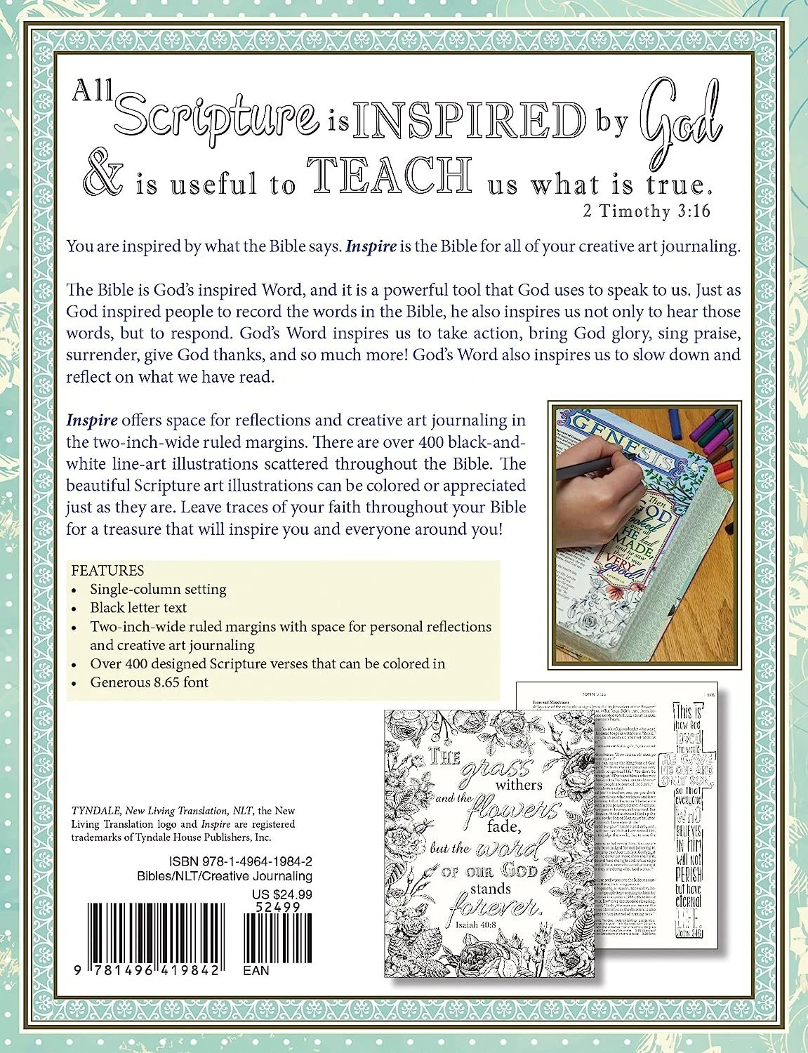 Tyndale House Publishers 075974 NLT Inspire Bible - Deluxe Teal Hardcover