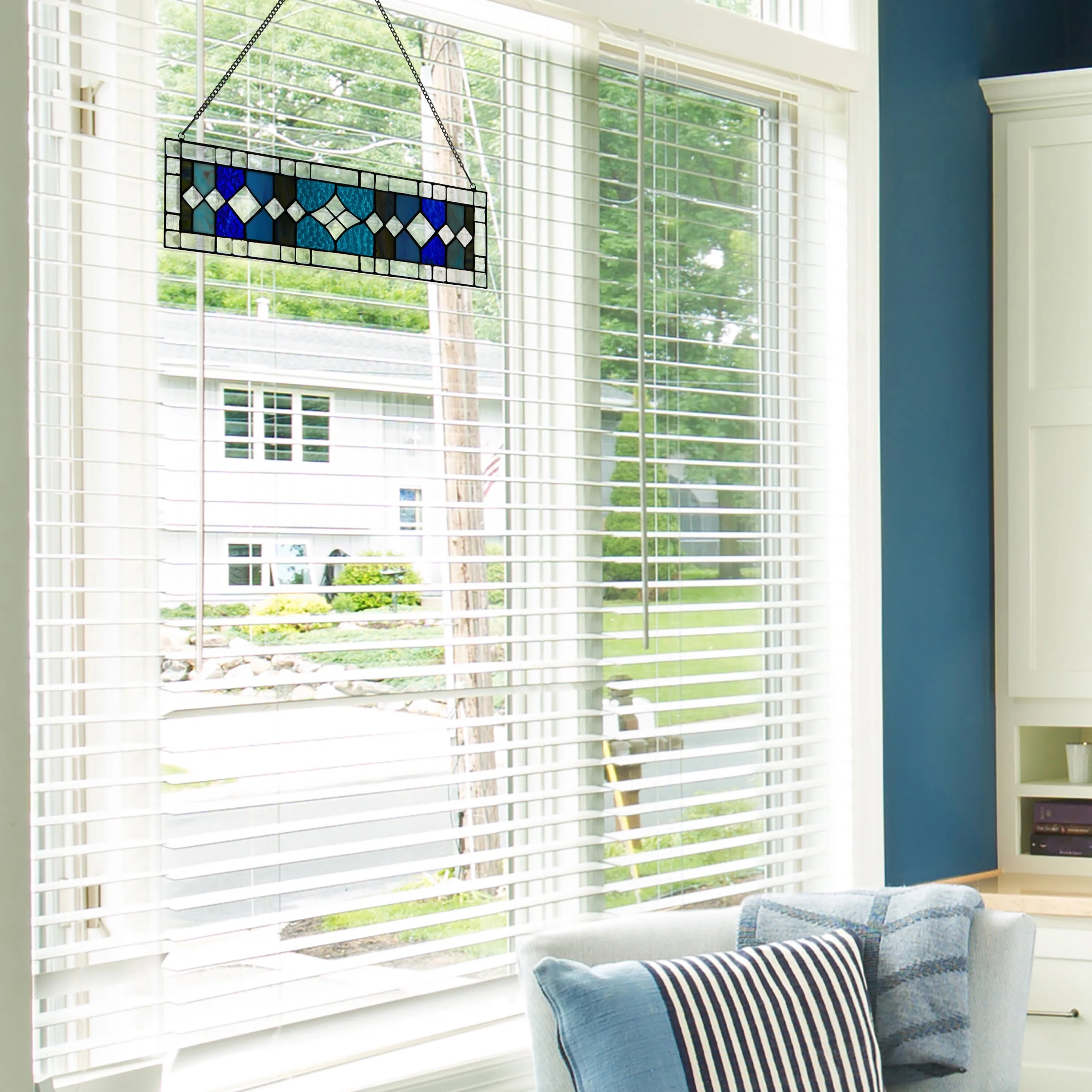 River of Goods  Diamonds  Shades of Blue Stained Glass Window Panel - 18.25