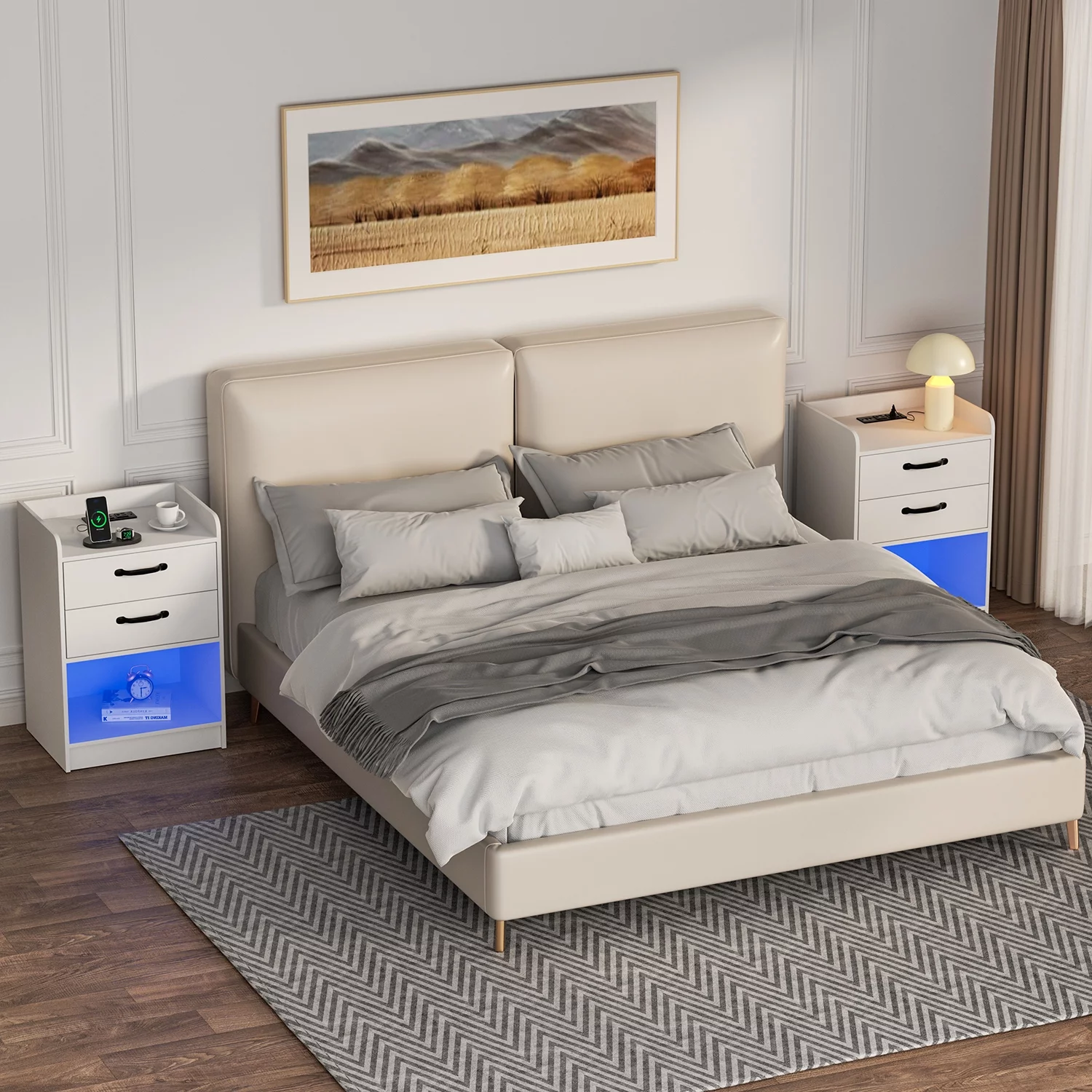 Nightstand with Charging Station and LED Lights, Side Table with Storage Set of 2, 2 Drawers Bedroom End Table, USB Ports, Beside Table for Bedroom Living Room, White