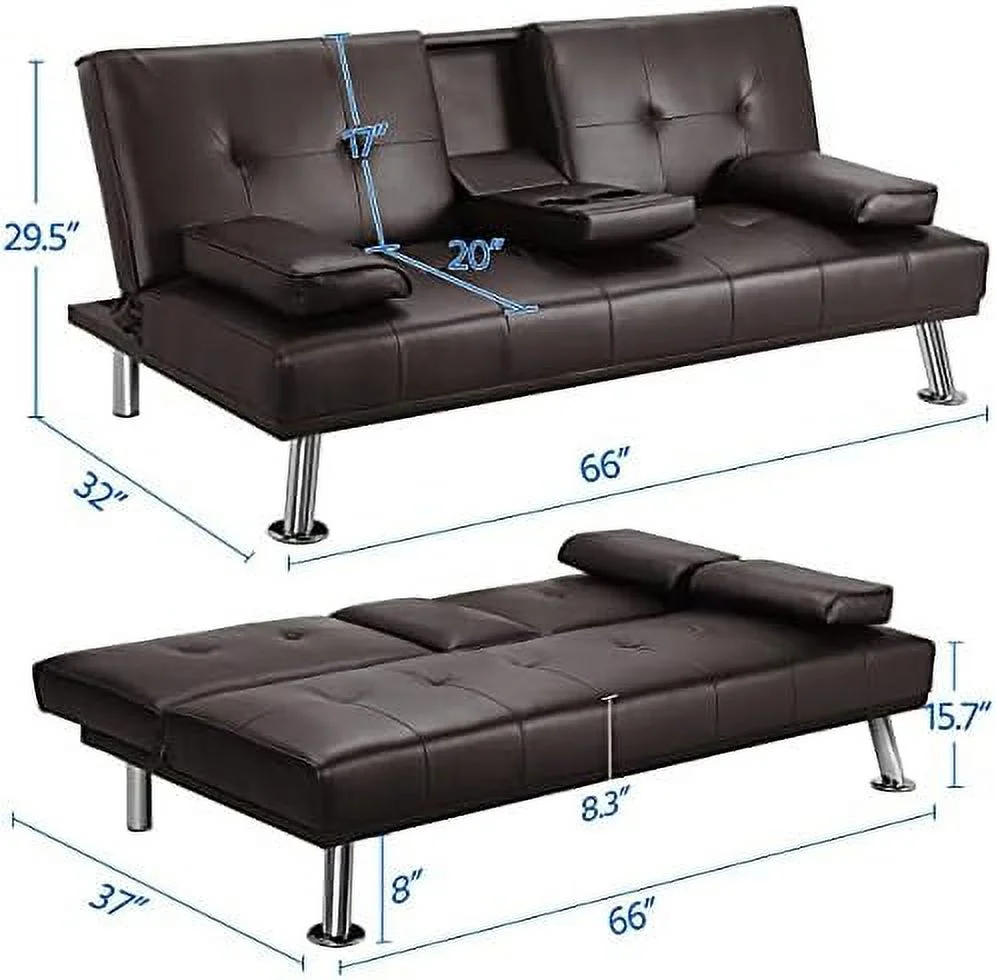 MQLIFEBOOM Convertible Sofa Bed Adjustable Couch Sleeper Modern Faux Leather Home Recliner Reversible Loveseat Folding Daybed Guest Bed  Removable Armrests  Cup Holders  3 Angles  772lb C