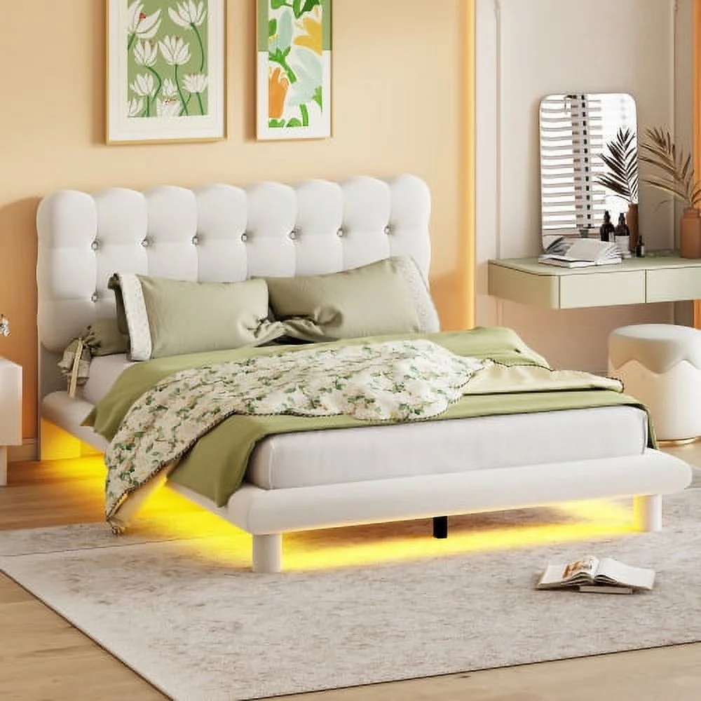 DremFaryoyo Queen Size Velvet Platform Bed with LED Frame  Thick & Soft Fabric and Button-tufted Design Headboard  Beige