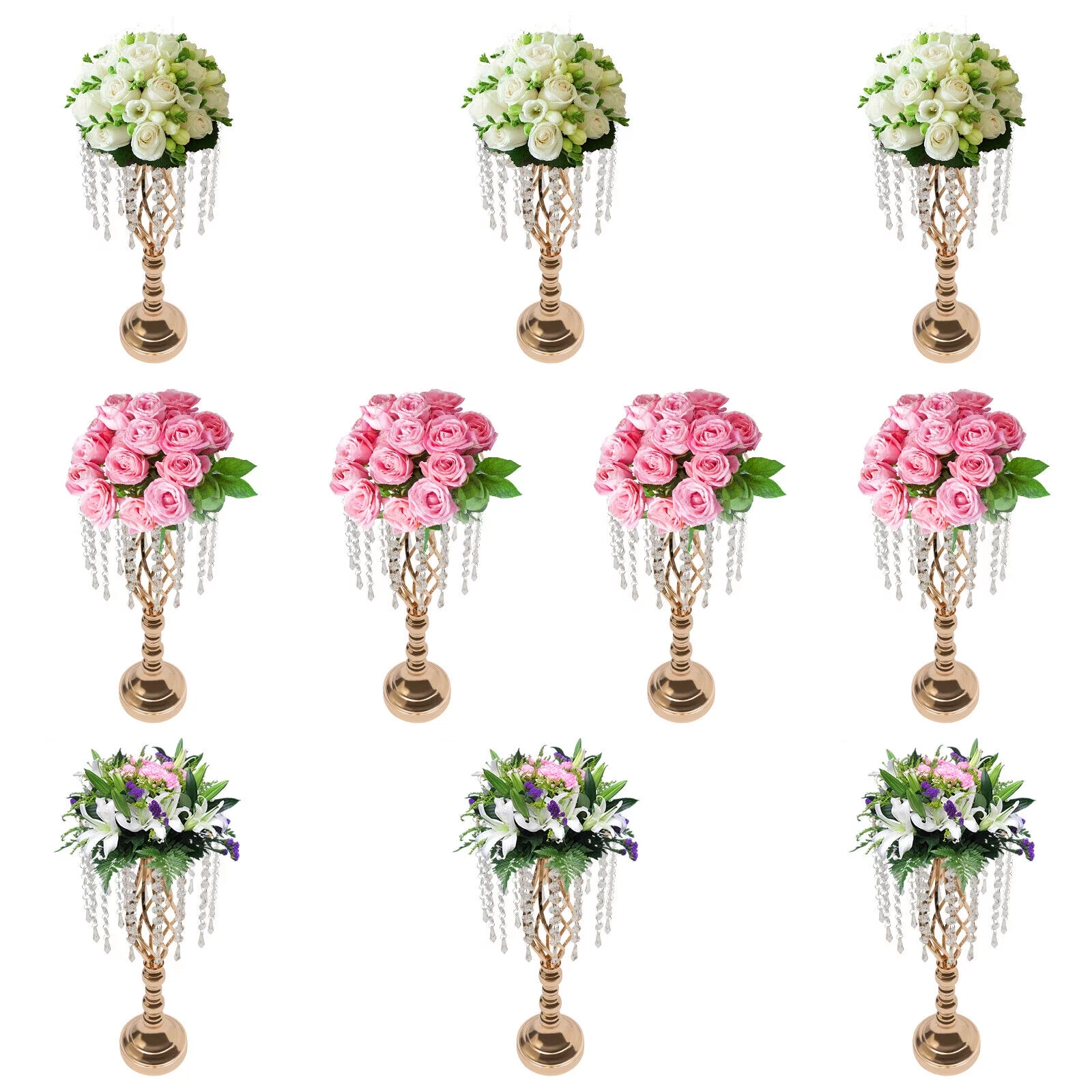 10PCS Crystal Flower Stands Vases 55cm Wedding Centerpieces Dining Table Gold