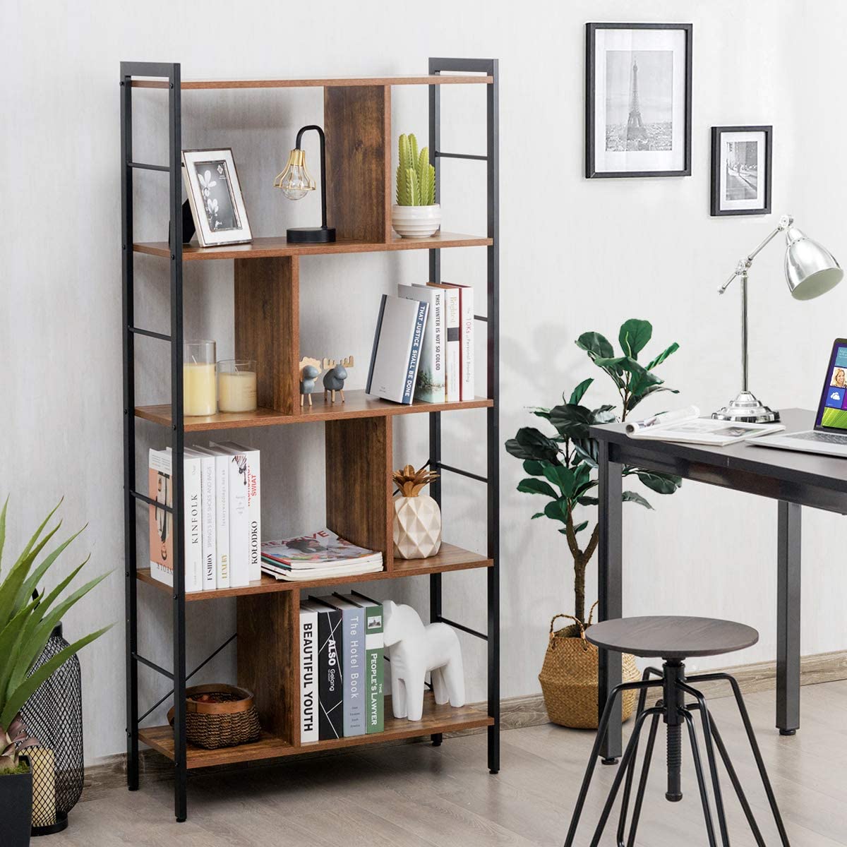 5-Tier Bookshelf, Industrial Style Bookcase with Metal Frame, Free Standing Storage Display Shelves, Home Office Study Storage Rack Shelves with Dividers, Wood Shelving Unit (Rustic Brown)