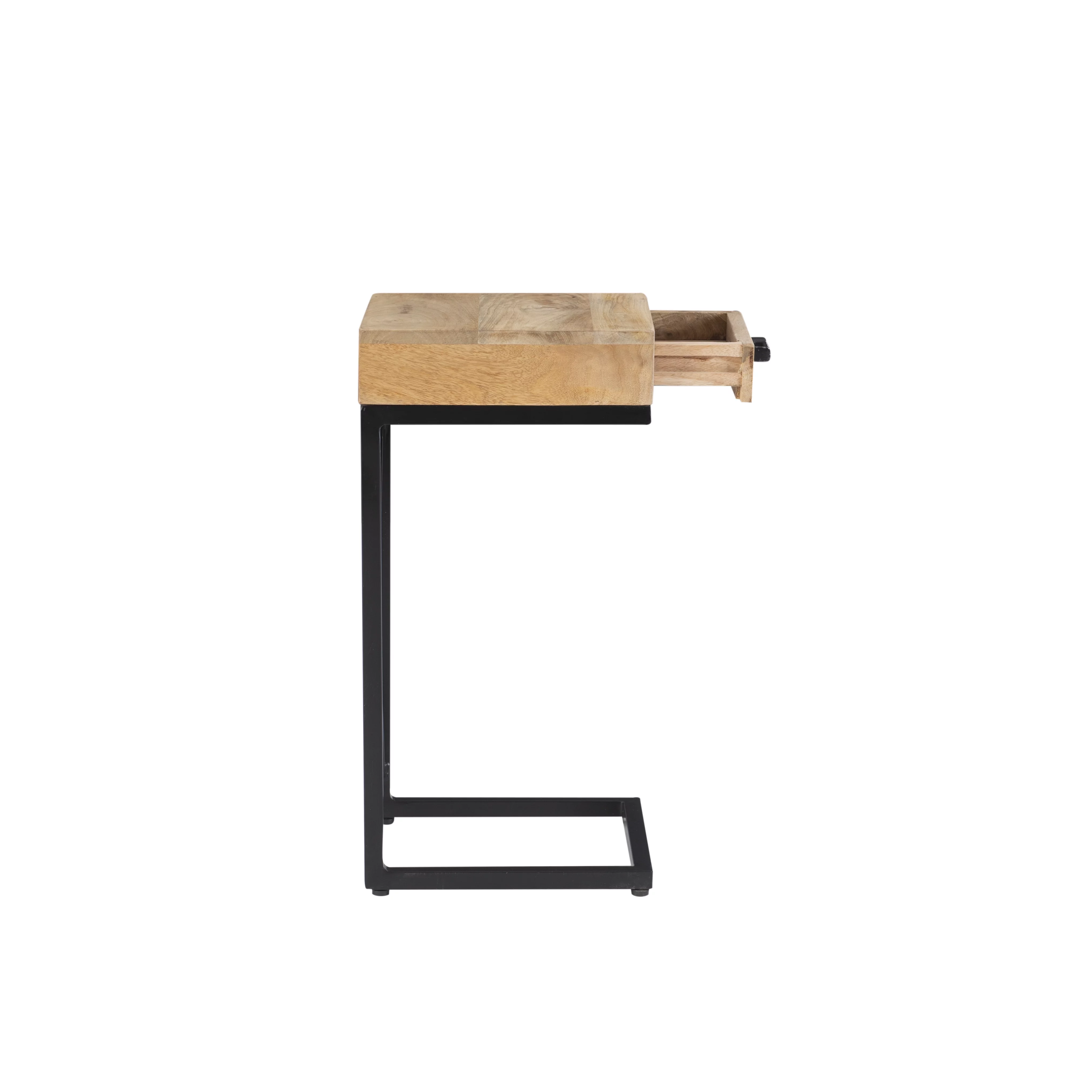Chalgrove Mid-Century Metal Single Drawer C-Table, Black Base with Natural Wood Top