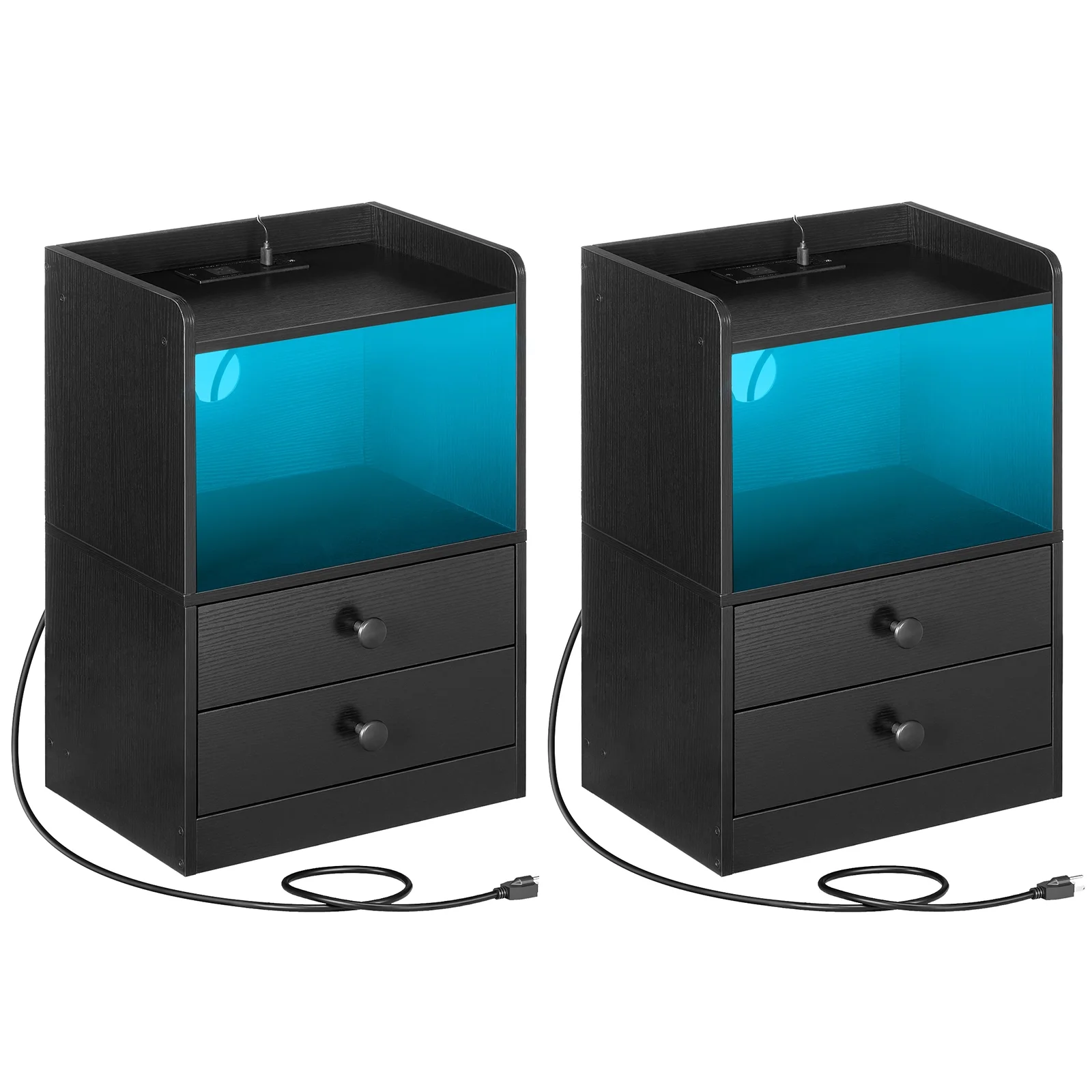 HOOBRO Set of 2 Nightstand with Charging Station and LED Light Strip Side Table with 2 Drawers Bedroom Cloakroom Black BK28UDBZP201
