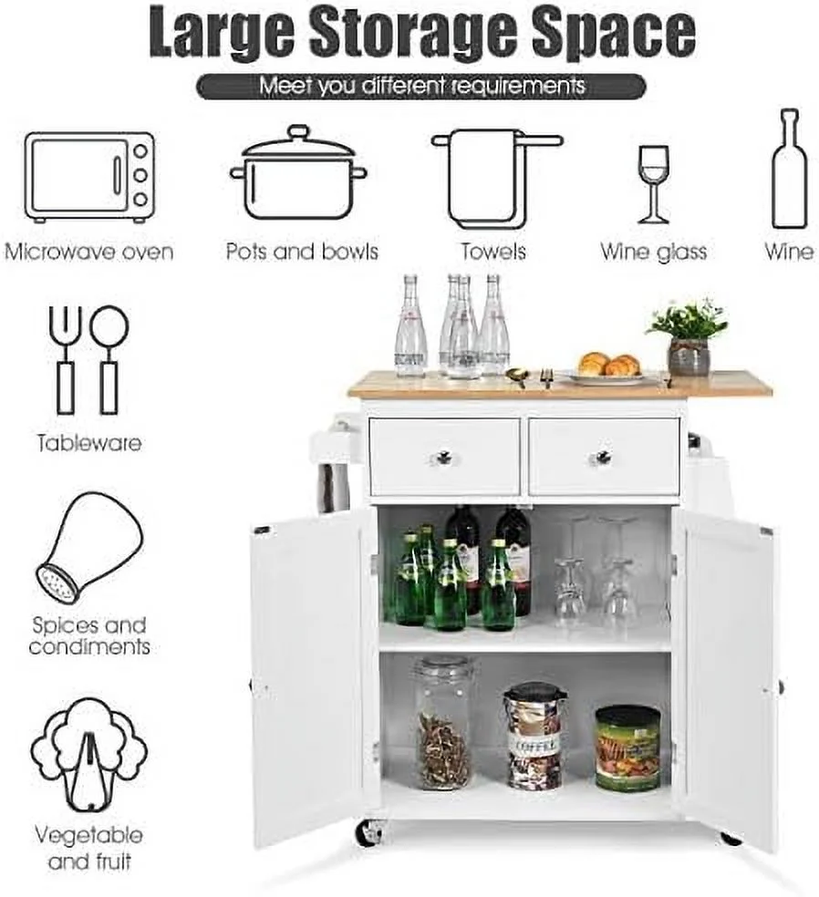 CHGTYS Kitchen Island Cart  Rolling Wood Trolley with  Cabinet  Towel Handle  2 Drawers  Side Spice Rack and Wine Bottle Rack  Kitchen Cart on Wheels  Rubber Wood Countertop (Black)