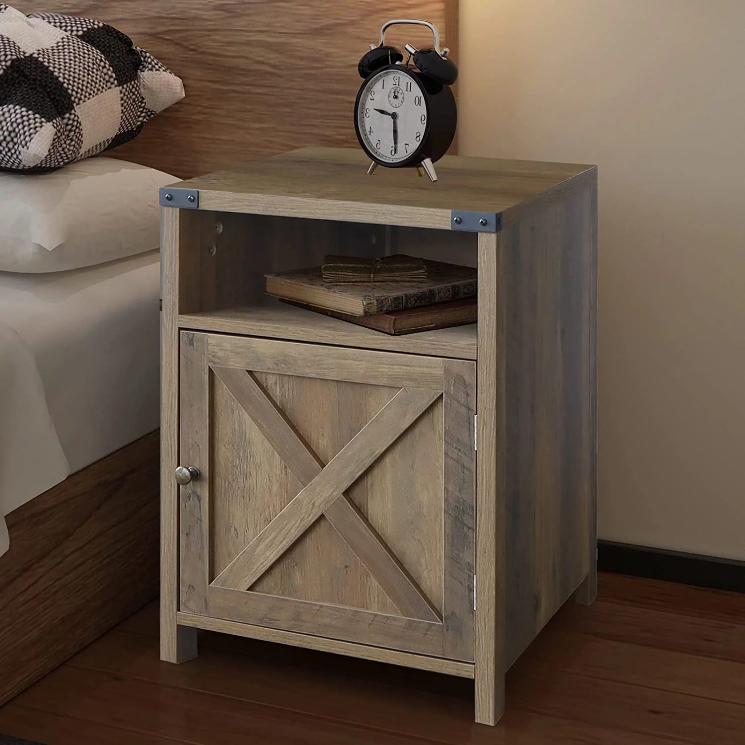 Rainbow Nightstand, Farmhouse Bedside Table with Cabinet and Shelves, 18 x 18 x 24 Inches, Shaded Oak