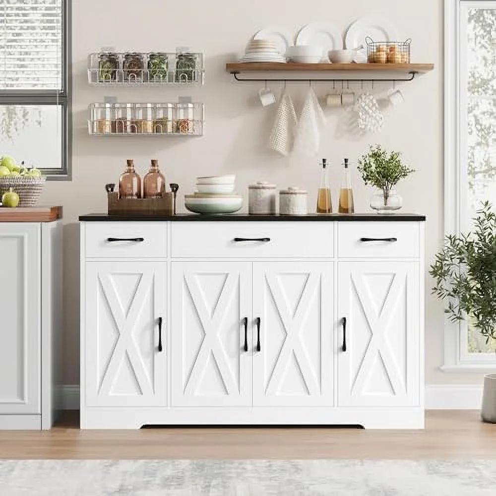 HBBOOMLIFE Buffet Cabinet with Drawers  55" Large Sideboard Buffet  Cabinet with Shelves & 4 Doors  Modern Farmhouse Coffee  Cabinet Wood Buffet Table for Kitchen  Dining Room  Wh