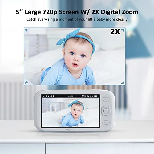 NexiGo Video Baby Monitor with Camera and Audio, 5 Inch Split IPS Screen, Support Up to 4 Cameras, 2-Way Audio, Pan-Tilt-Zoom, 4800mAh Battery, Temperature Detection, Night Vision, Lullaby (White)
