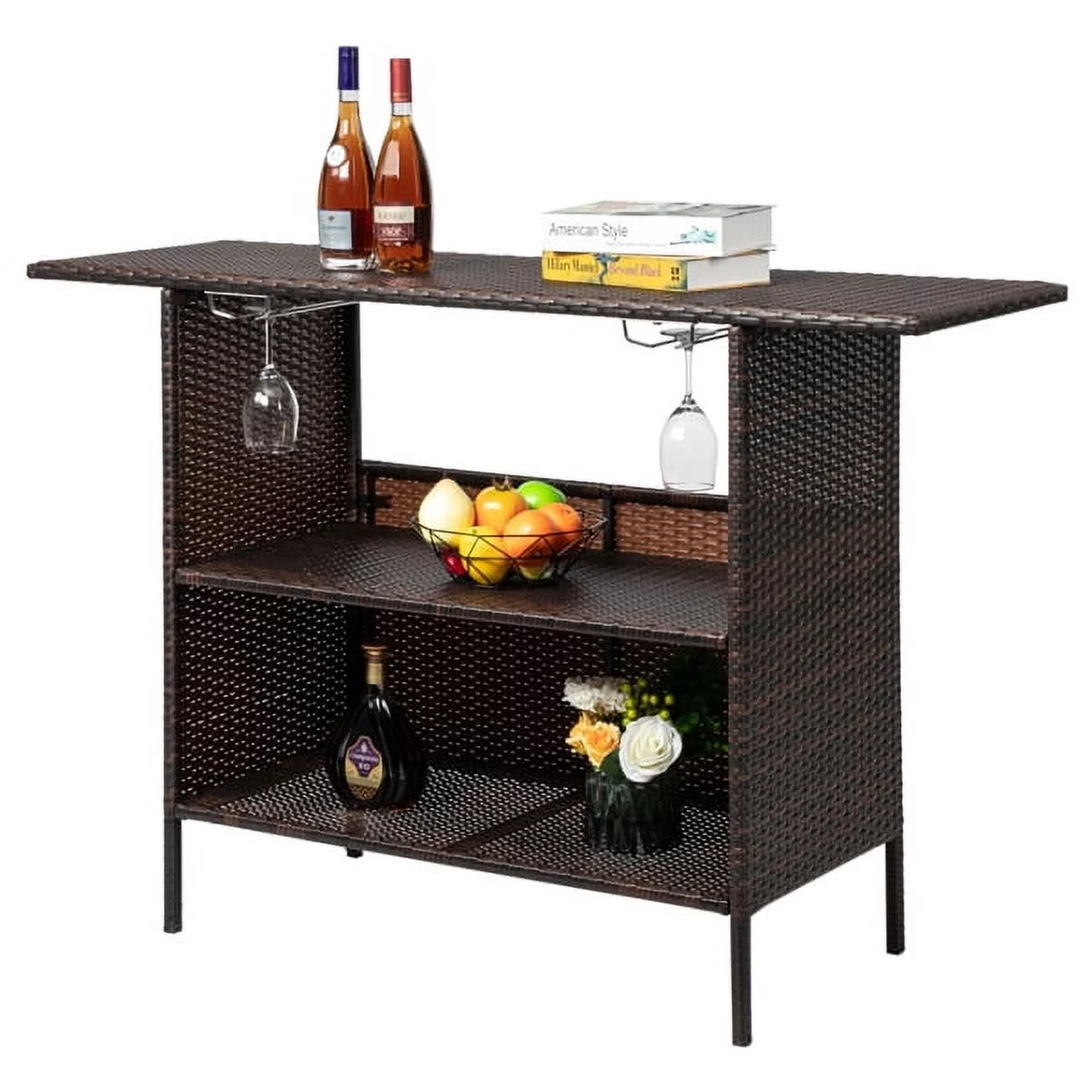 SYTHERS Wicker Outdoor Bar Table with 2 Steel Shelves, Rattan Patio Storage for Backyard, Poolside, Garden, Brown