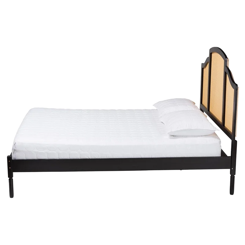 Pemberly Row Black Wood Queen Size Platform Bed with Woven Rattan