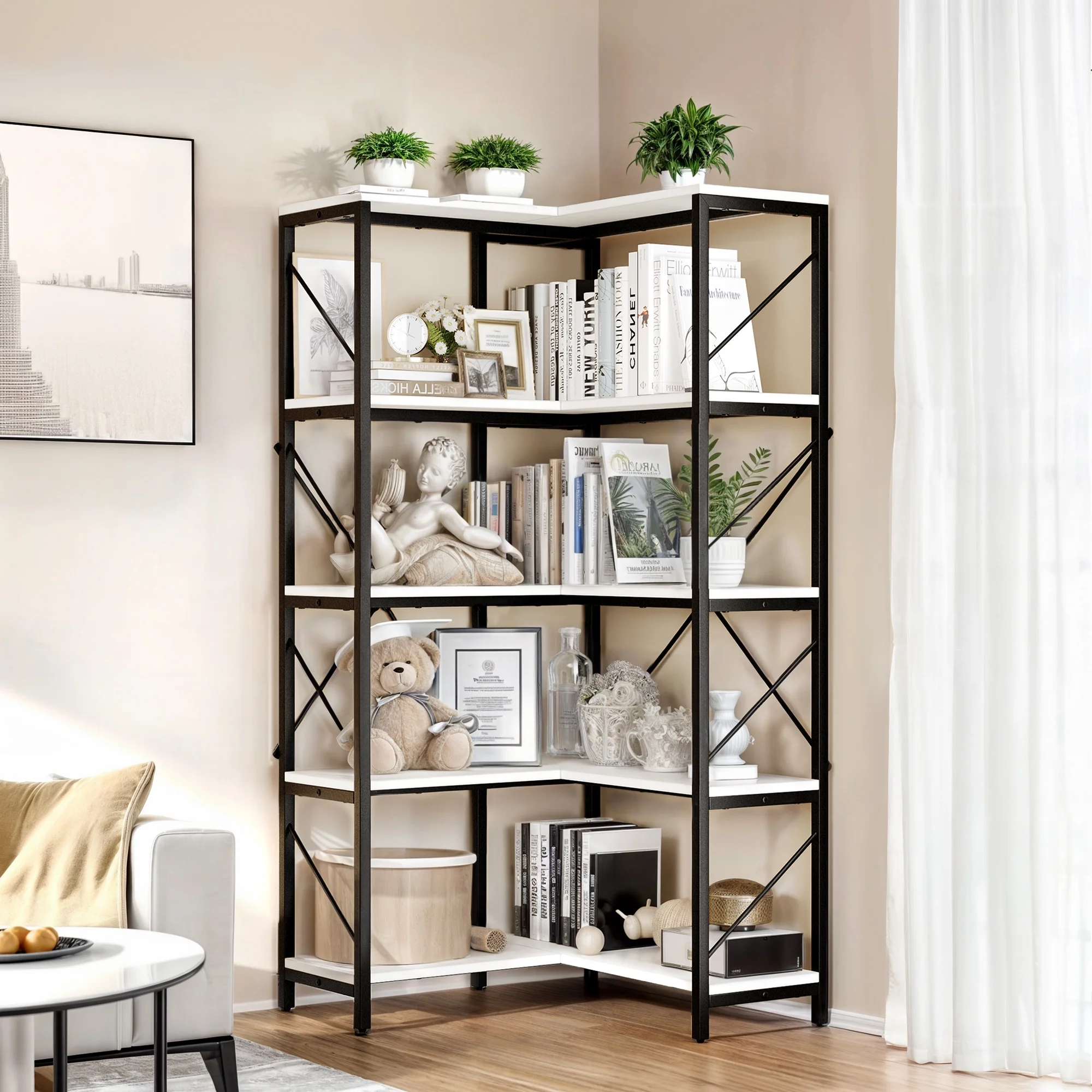 ModFusion 5-Tier L-Shaped Bookshelf Storage Bookcase Organizer Open DIsplay Corner Shelf, White