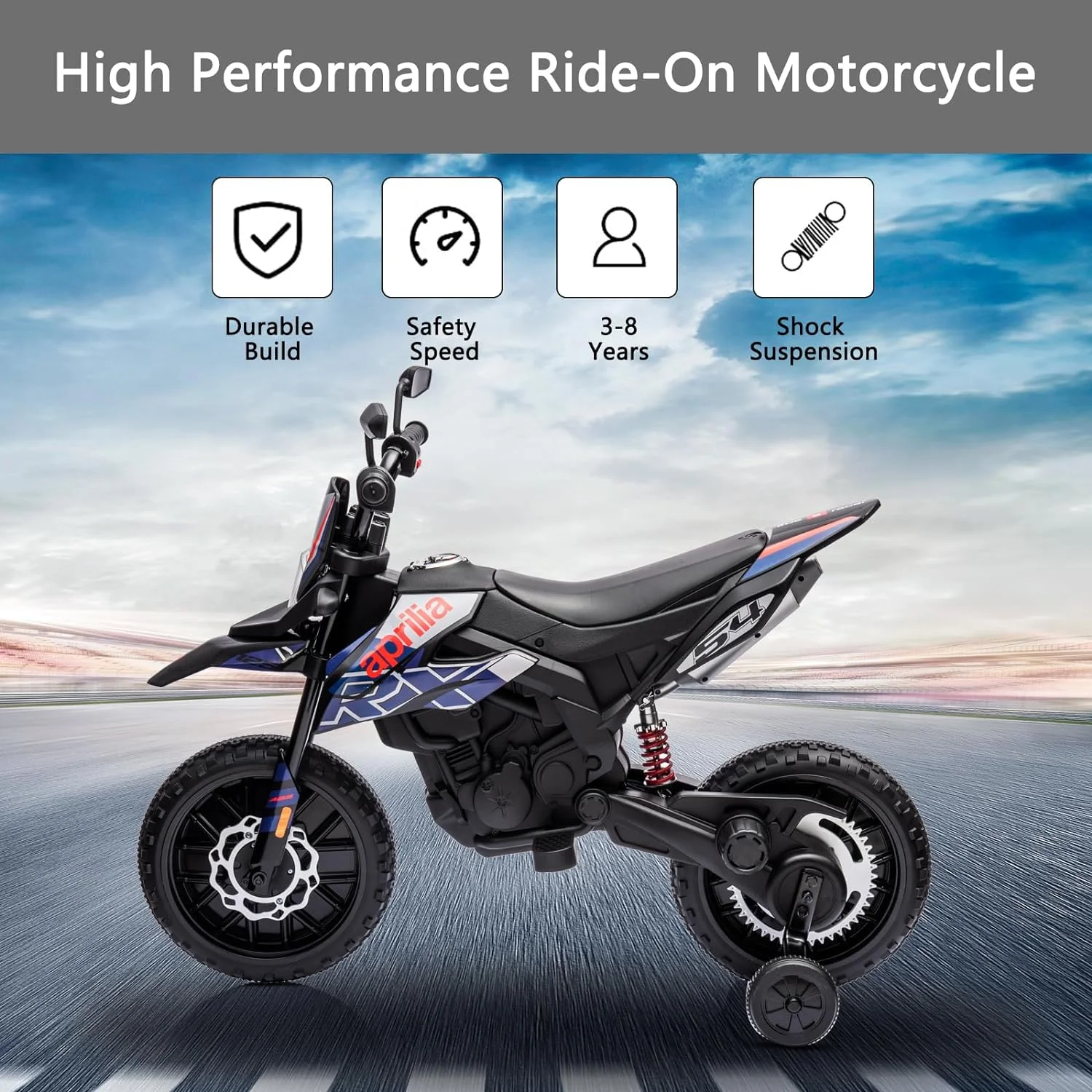 Kids Ride on Motorcycle,12V Toddler Motorized Ride on Toys, Apulia Electric Motorcycle with Training Wheels, Shocker Absorber Spring,Lights,Power Display,USB,Music,for Kids 3-8 Years,Boys,Child, Blue