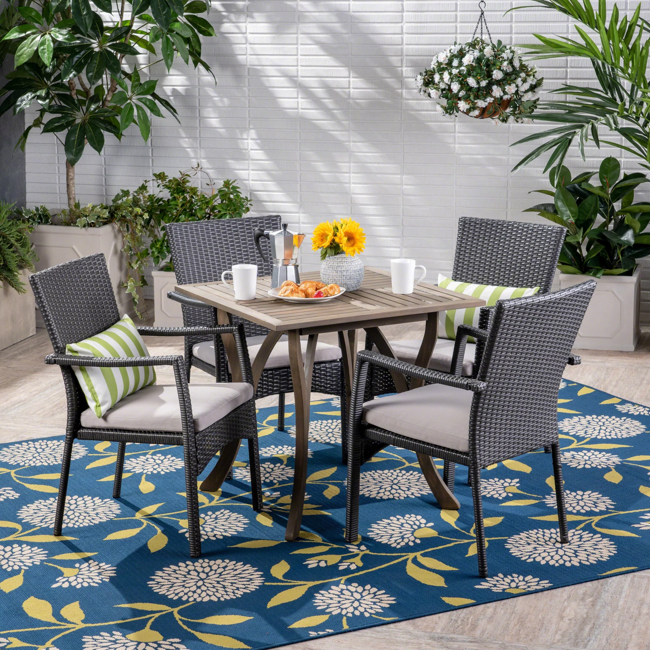 GDF Studio Courtland Outdoor Acacia Wood and Wicker 5 Piece Dining Set with Cushions, Gray