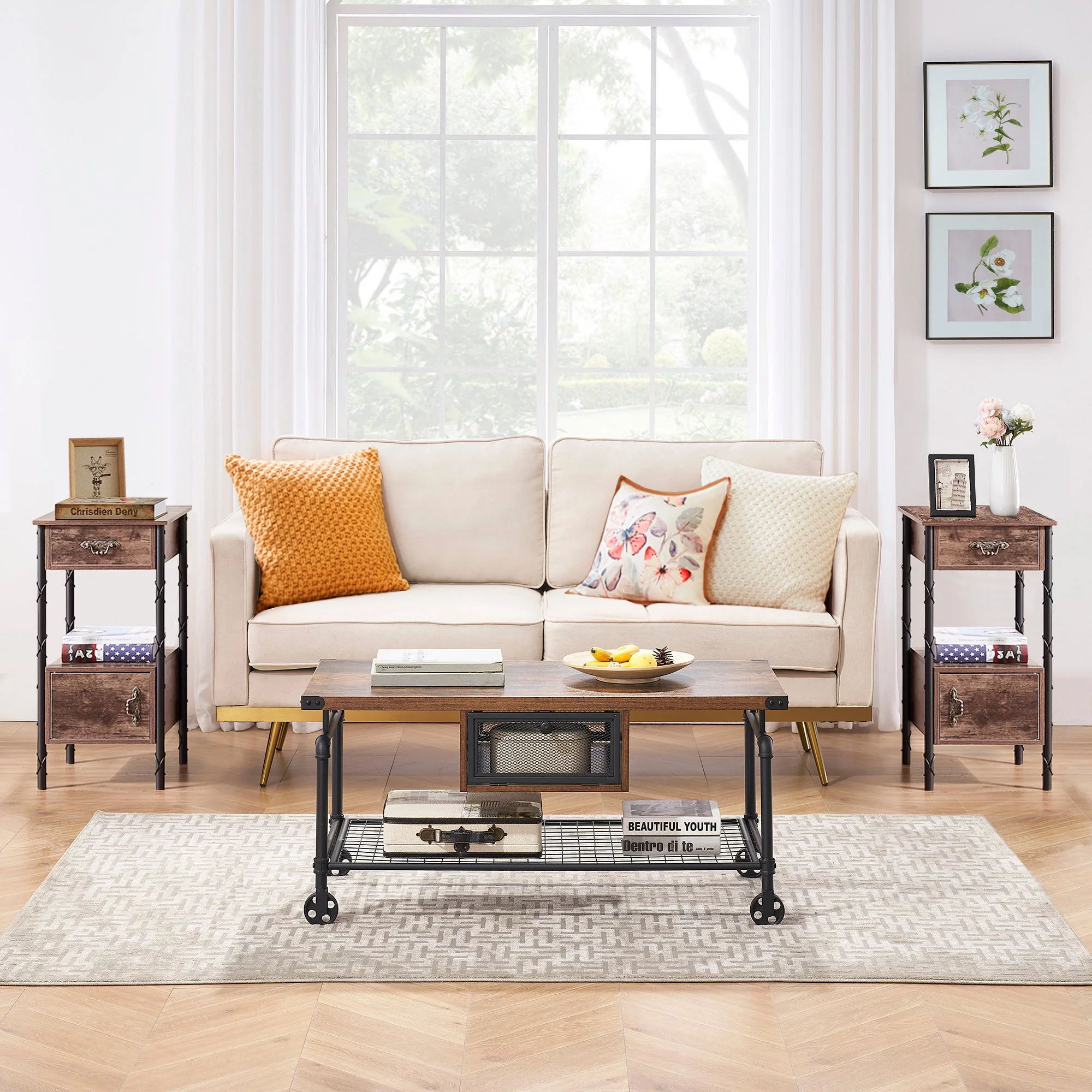 VECELO 3 Piece Coffee Tables Set Includes 1 Coffee Table and 2 End Table, Industrial Coffee Table with Roller and Sofa Table Living Room Set, Brown