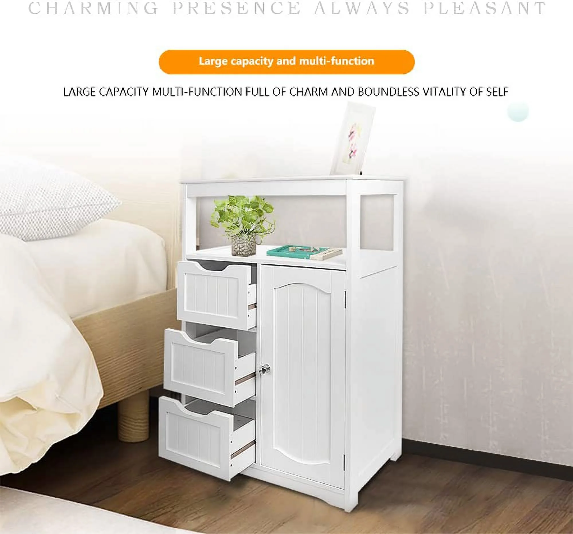 GVJMTKP Bathroom Floor Cabinet Wooden Freestanding  Cabinet with 3 Drawers 1 Door &  Free-Standing Cupboard for Kitchen/Living Room Use (White)