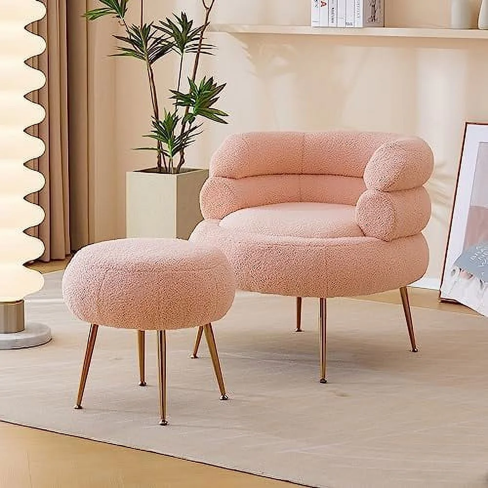 MQLIFEBOOM Accent Chair with Ottoman Modern Barrel Chair Set Midcentury Armchair with Pink Teddy Fleece Upholstery Club Chair with Footrest for Living Room  Bedroom  Reading Room