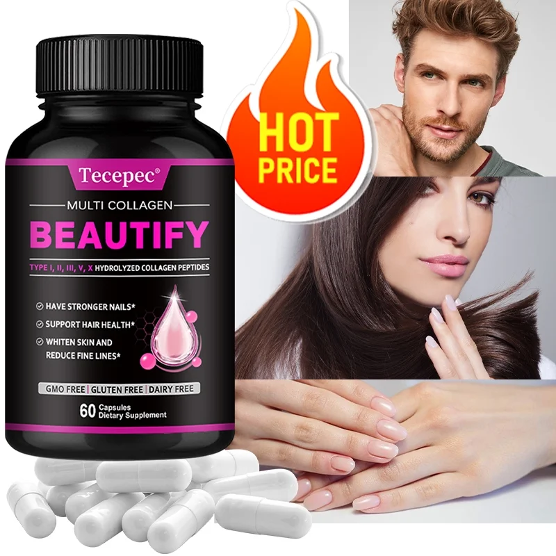 Tecepec Beautify Multi Collagen Pill Complex Capsules Types I, II, III, V, X | Super Powerful Hydrolyzed Collagen Peptide Supplement. Hair Skin Nails Vitamins, Joint Support，30/60/120 Capsules