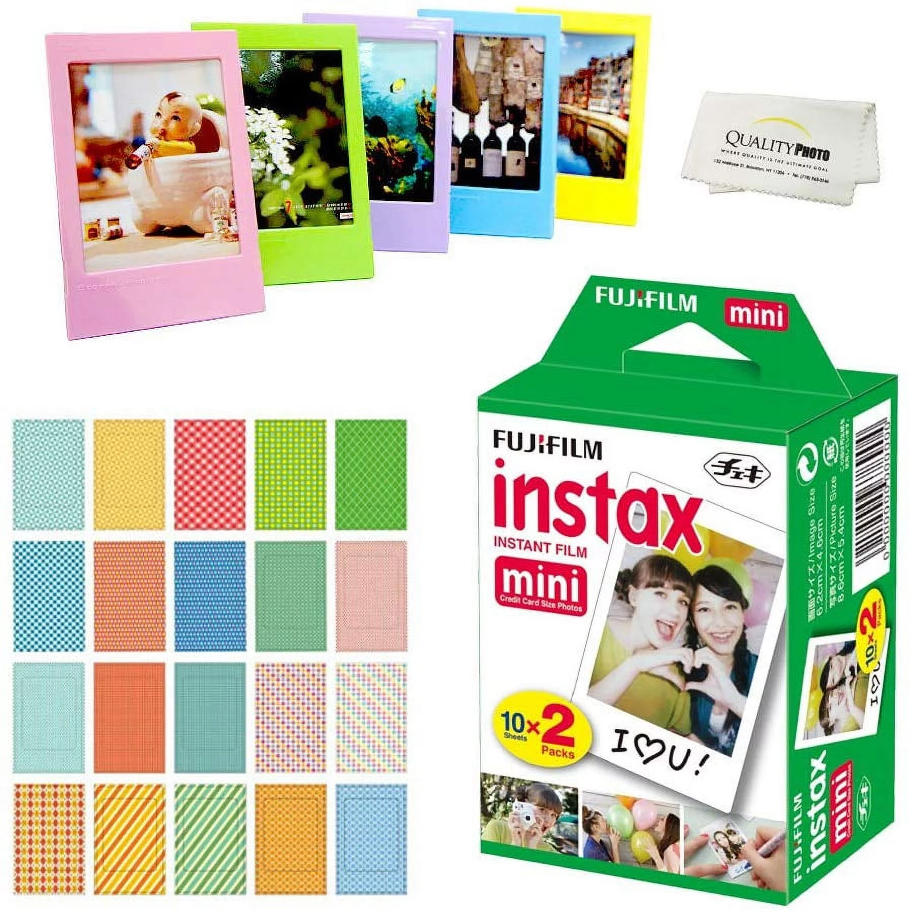 Fujifilm Instax Mini Instant Film (2 Packs = 20 Sheets) For Fujifilm Mini 9 or Mini 8 Camera + 5 Colored Frames + 20 Assorted Colorful Sticker Frames + Microfiber cloth