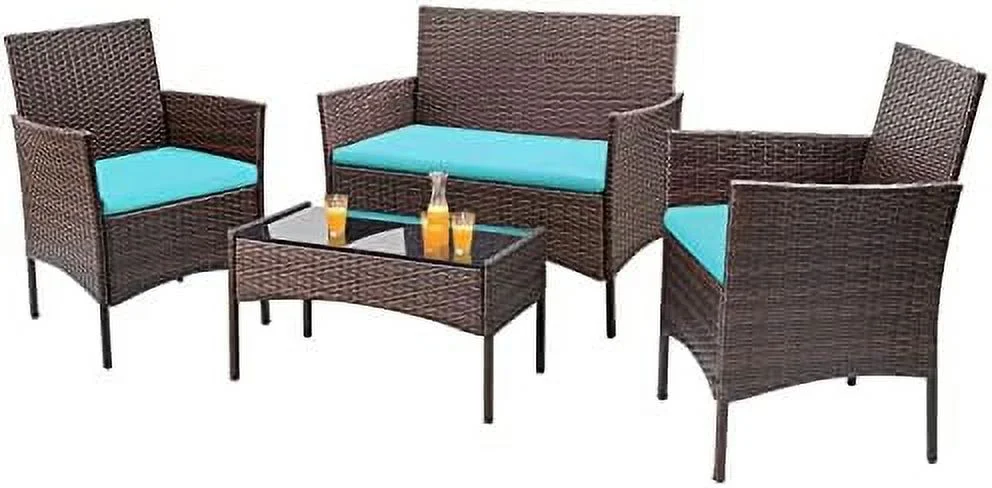HBBOOMLIFE 4 Pieces Patio Rattan Chair Wicker  Outdoor Indoor Use Backyard Porch Garden Poolside Balcony  Sets (Blue)
