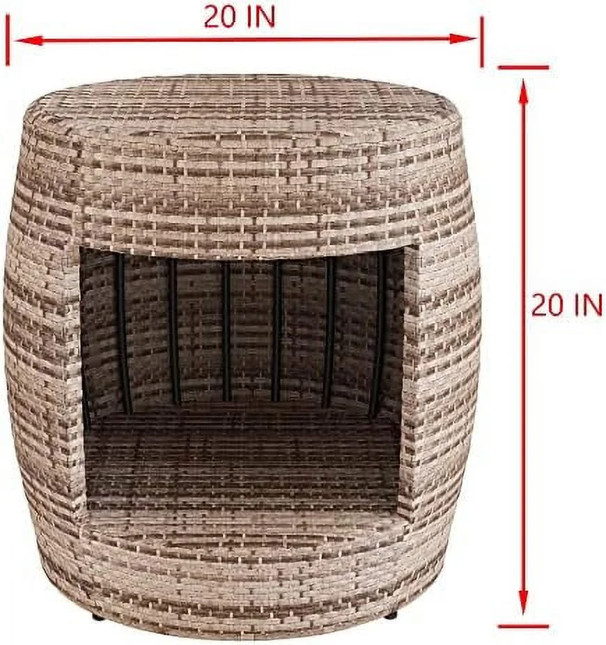 CKPFVY 2 -Tier Small Drum  Patio Rattan Little End Table 20 Inch Barrel Wicker Accent Bistro Desks Steel Frame Lightweight Grey