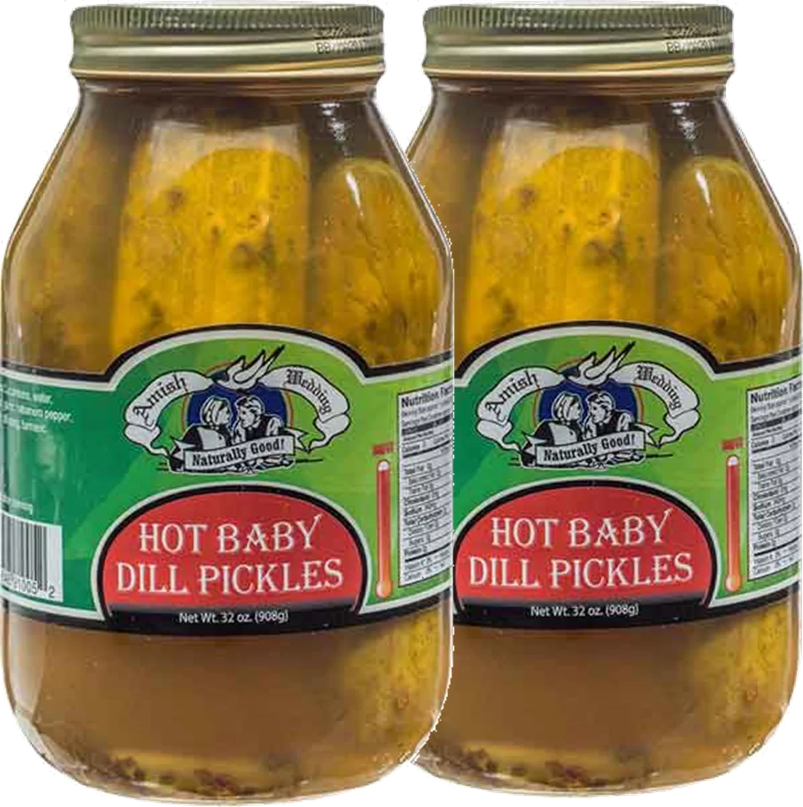 Amish Wedding Foods Whole Hot Baby Dill Pickles, 2-Pack 32 oz. Quart Jars