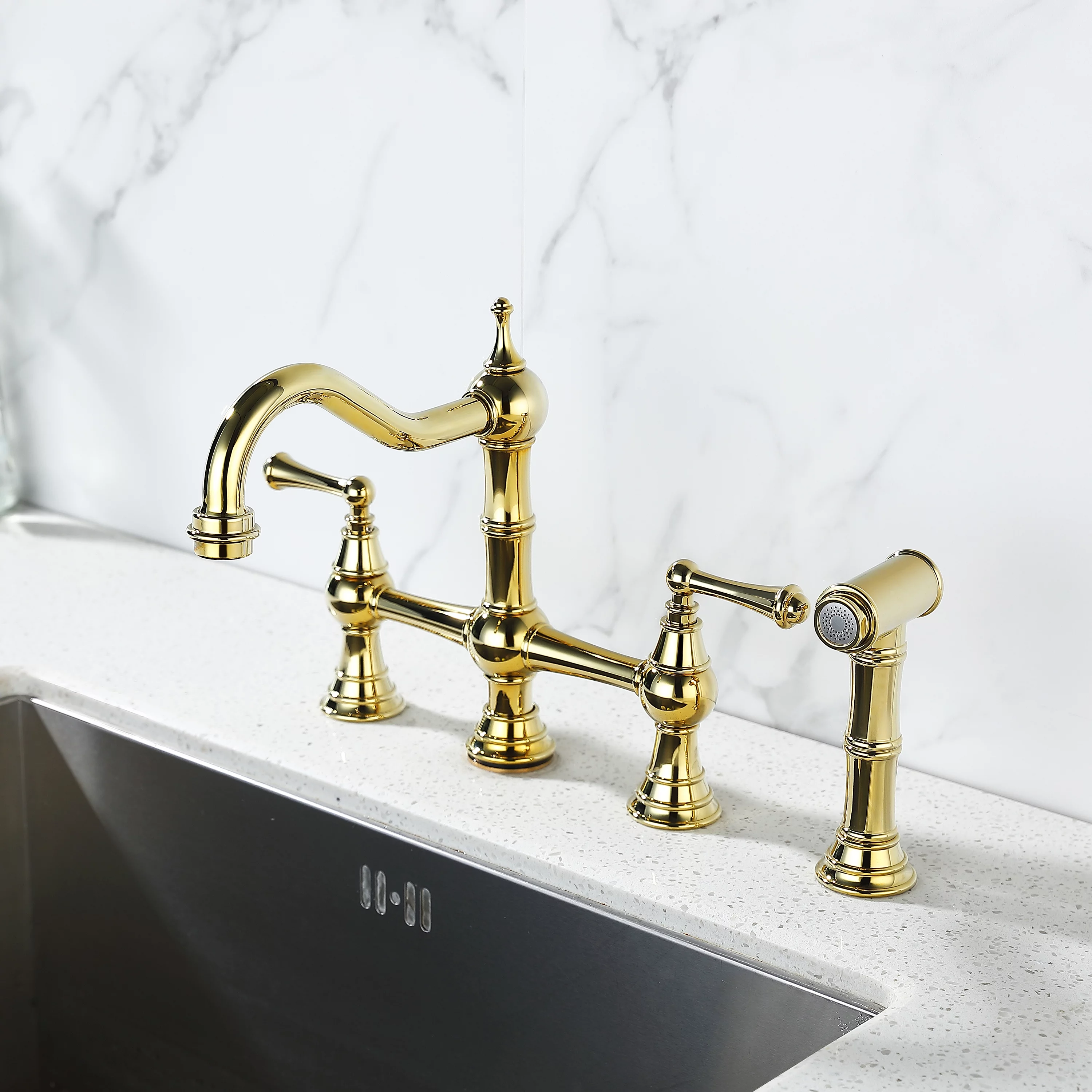Bridge Dual Handles Kitchen Faucet With Pull-Out Side Spray in