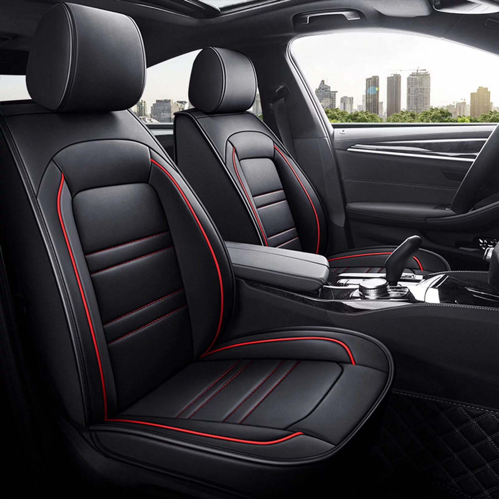 Car Seat Covers 2pcs Front Seats Fit For 2015-2024 Ford F150 Platinum Crew Cab Faux Leather Cushion Black&Red Line