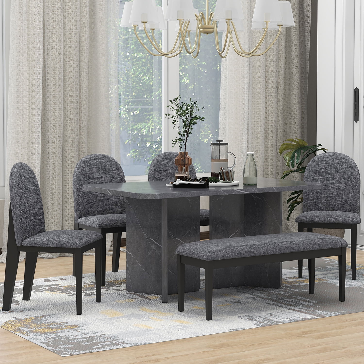 Churanty Modern Dining Set for 6 with Rectangular Marble Top Table and 4 Upholstered Dining Chairs and Bench,Gray