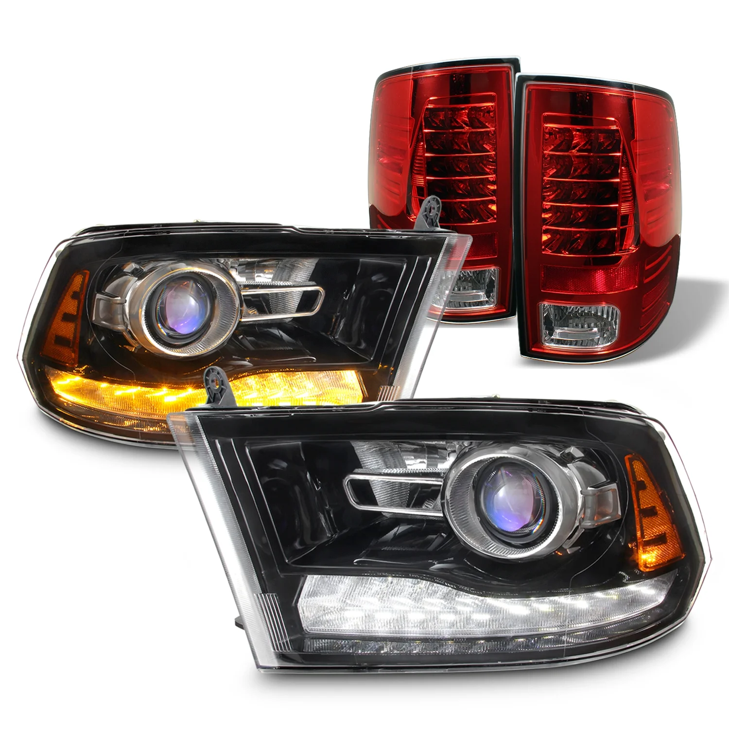 AKKON - For 2009-2018 Dodge Ram 1500/2500/3500 LED Black Headlights|LED Red Clear Tail Lights Housing