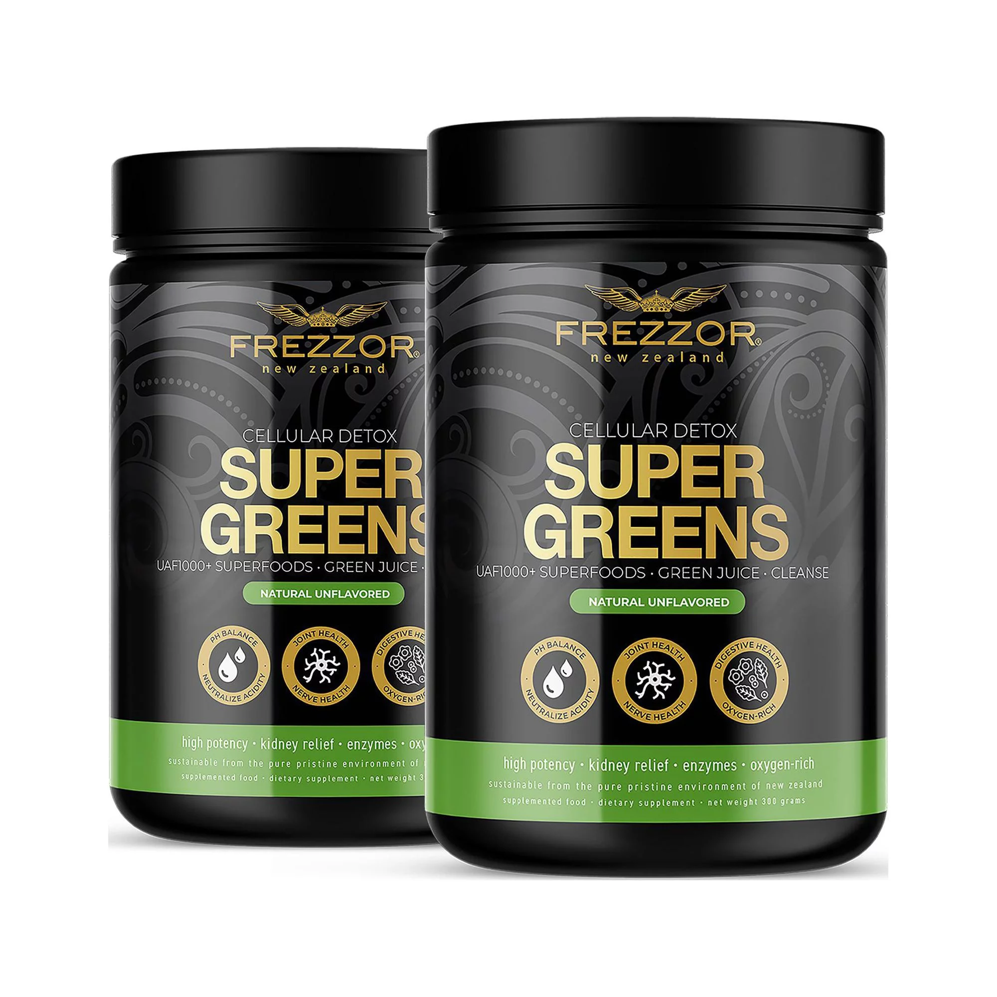 FREZZOR Super Greens Powder with UAF1000+, Wheat Grass Supplement, 300g, 2 Bottles