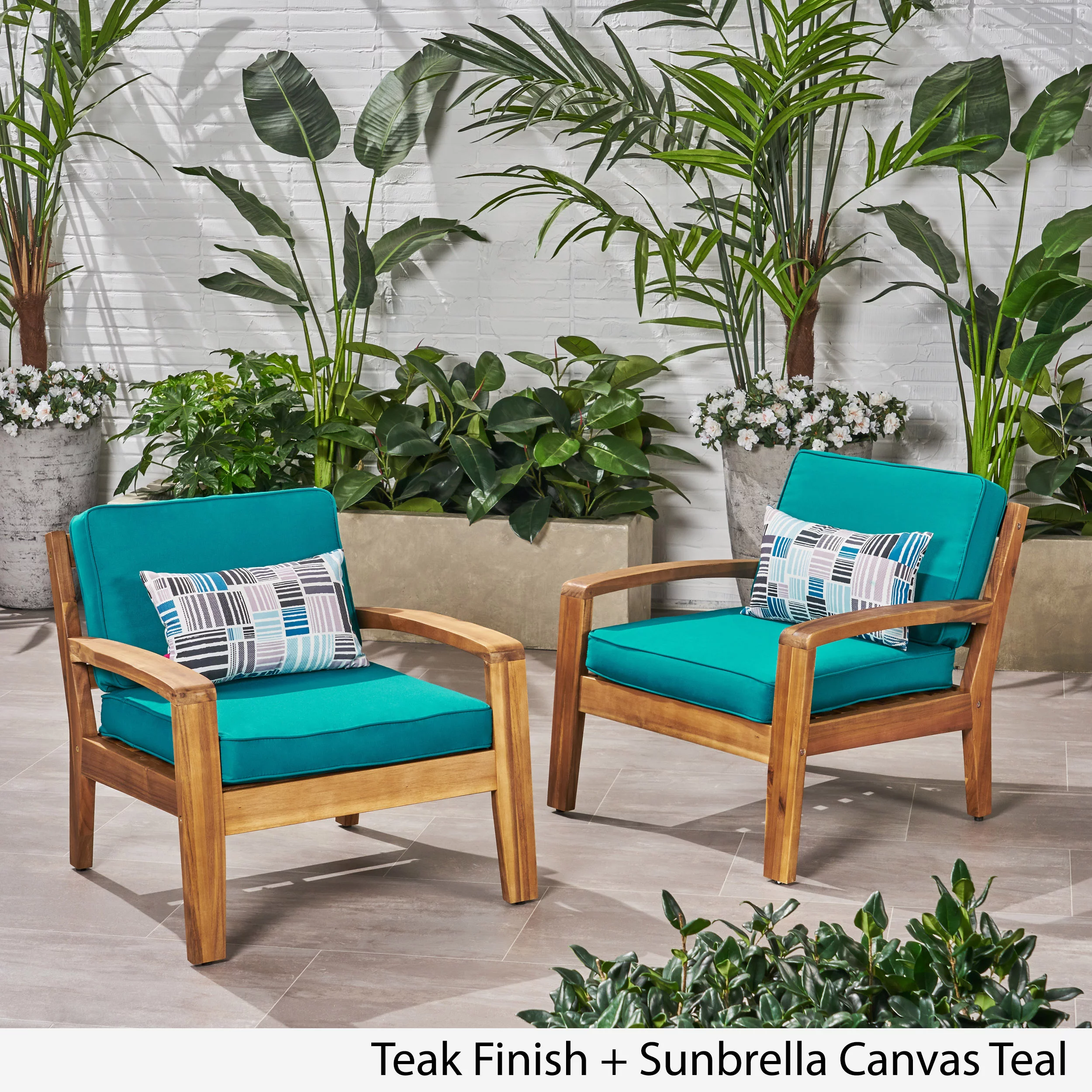 Wilcox Outdoor Acacia Wood Club Chairs with Sunbrella Cushions, Set of 2, , Teak and Sunbrella Teal