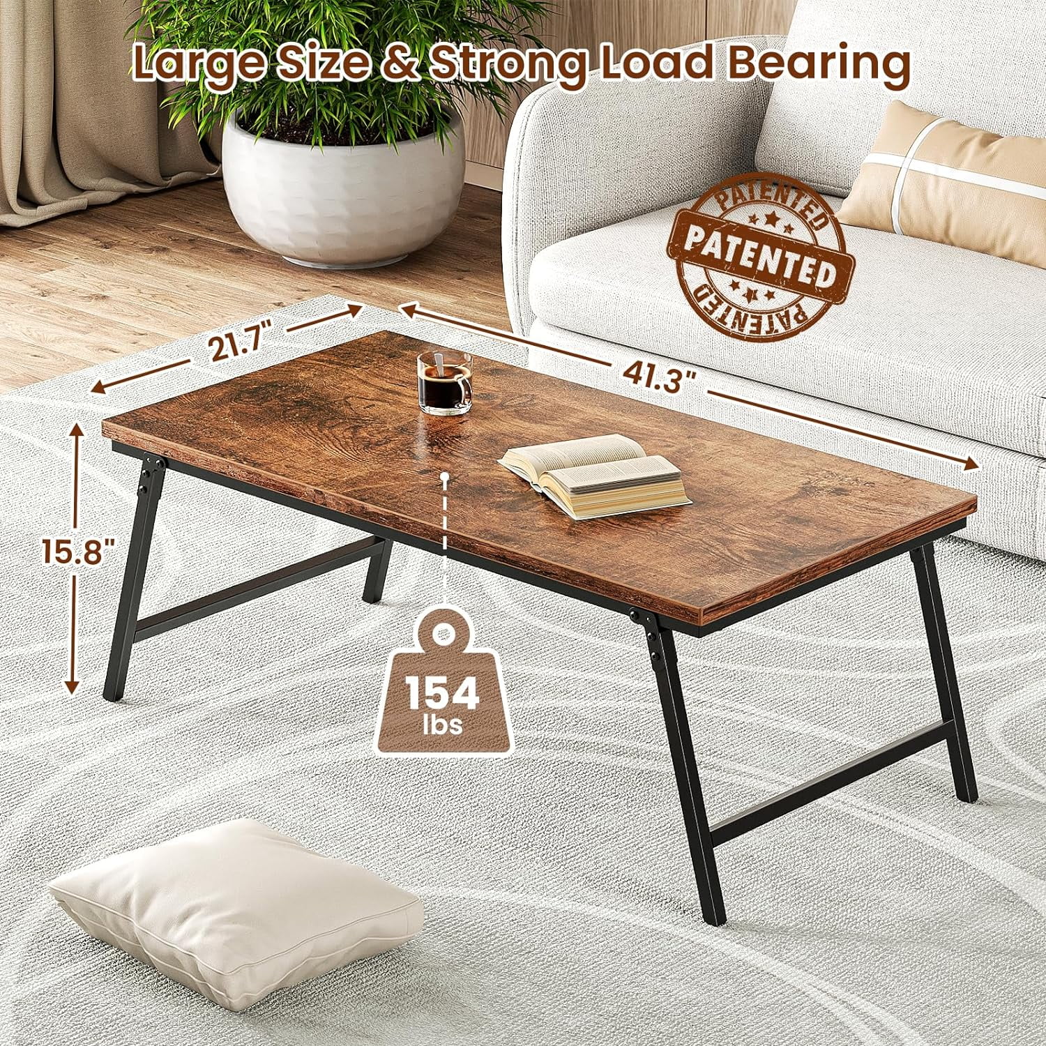 Folding Coffee Table, Leg Latches Portable Sturdy Floor Table Desk for Sitting on The Floor, No Assembly Low Coffee Table for Living Room, Home, Office, Rustic Brown, 41.34L×21.65W×15.75H