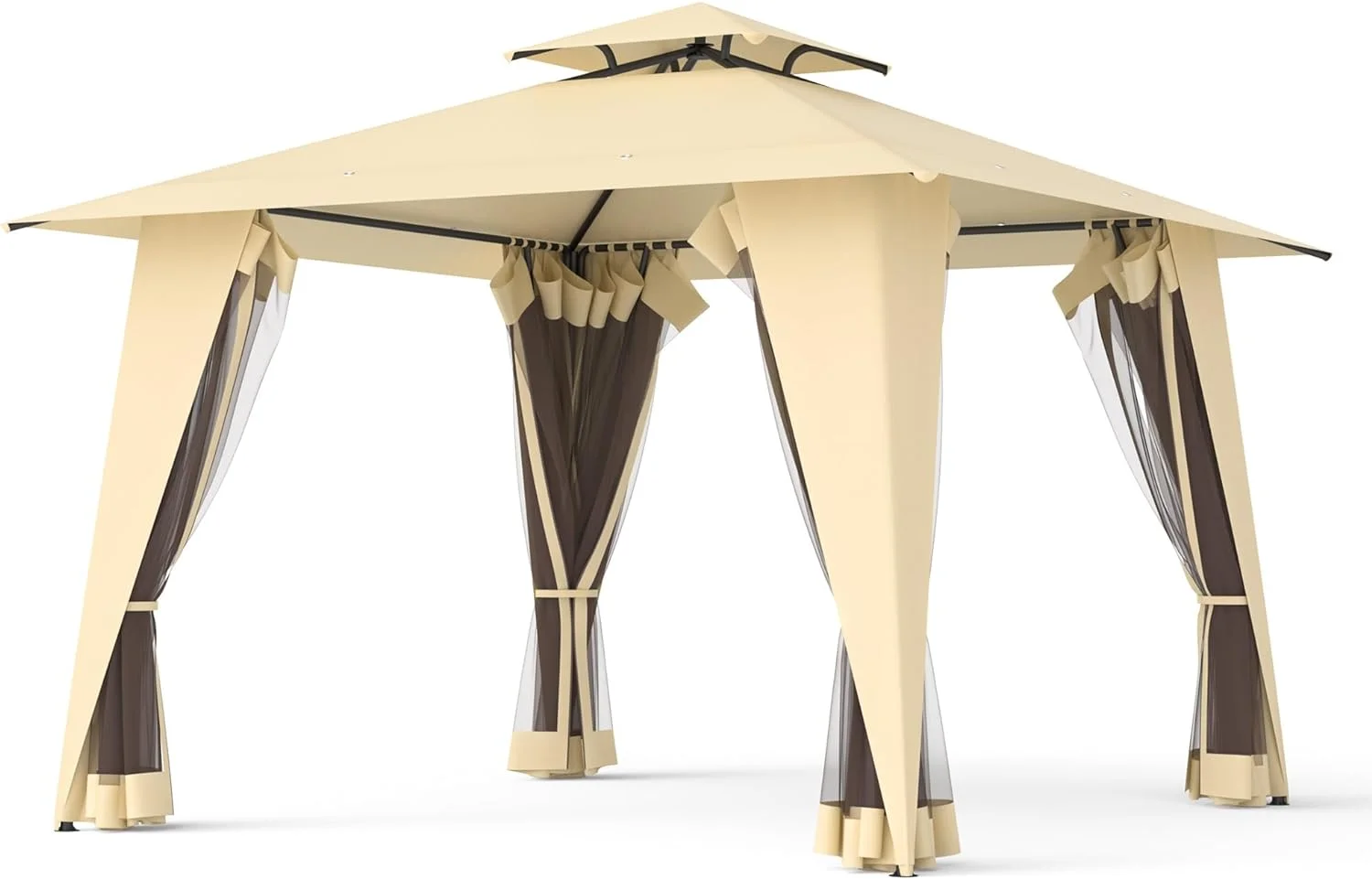 Phonjoroo Metal Gazebo Outdoor 2-Tier Canopy Party Tent with Mesh Sidewalls 12x12 Beige