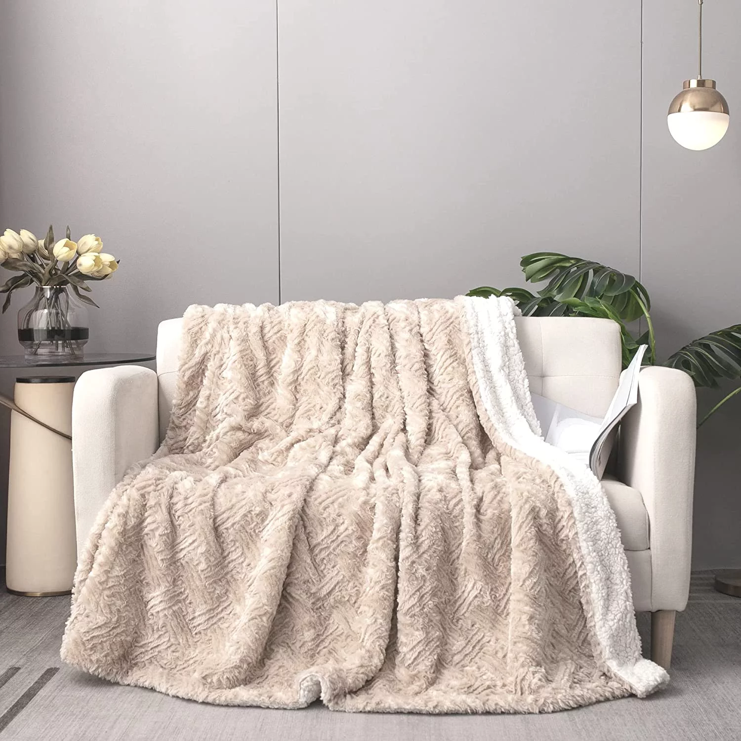 Champagne Ivory Faux Fur Throw Blanket - Dreamy Gold Geometric Embossed Backside - Super Soft Warm Cozy Plush Fluffy - 63