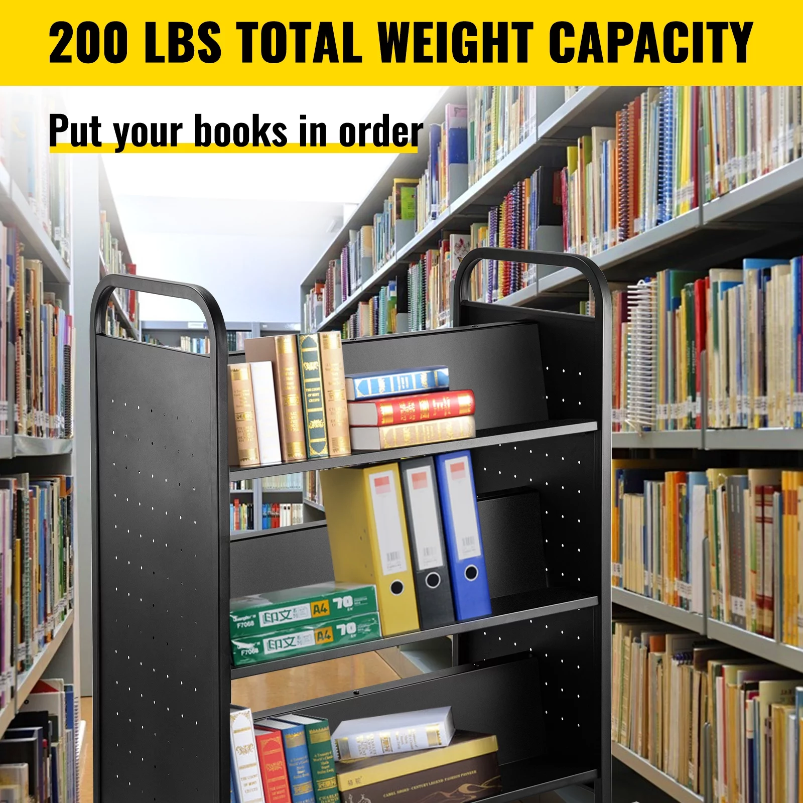 BENTISM Book Cart Library Cart 200lb w/ Double Sided W-Shaped Sloped Shelves Black