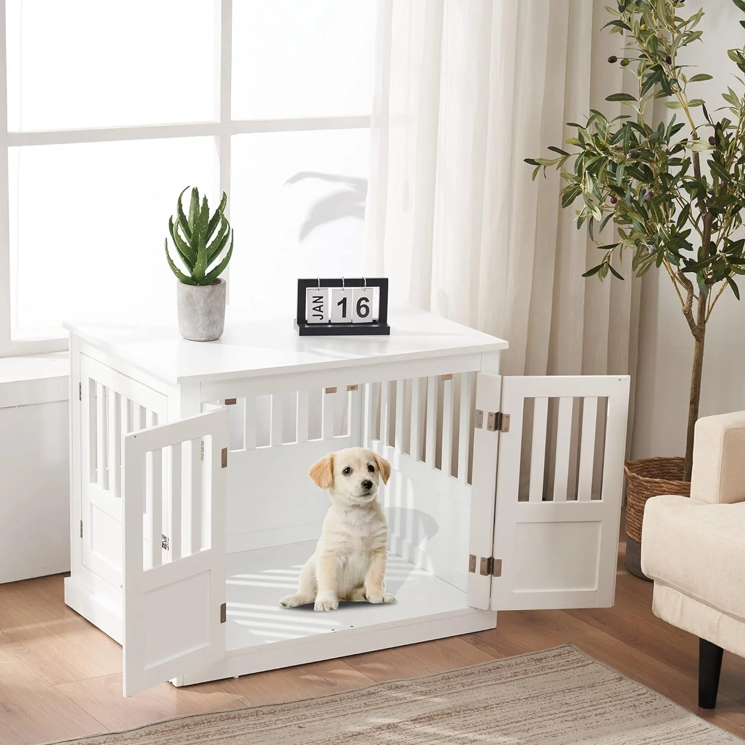 Furniture Dog Crate End Table, Wooden Dog Kennel With Double Doors, Dog House For Small Medium Dog Indoor Use, 0666 (White)