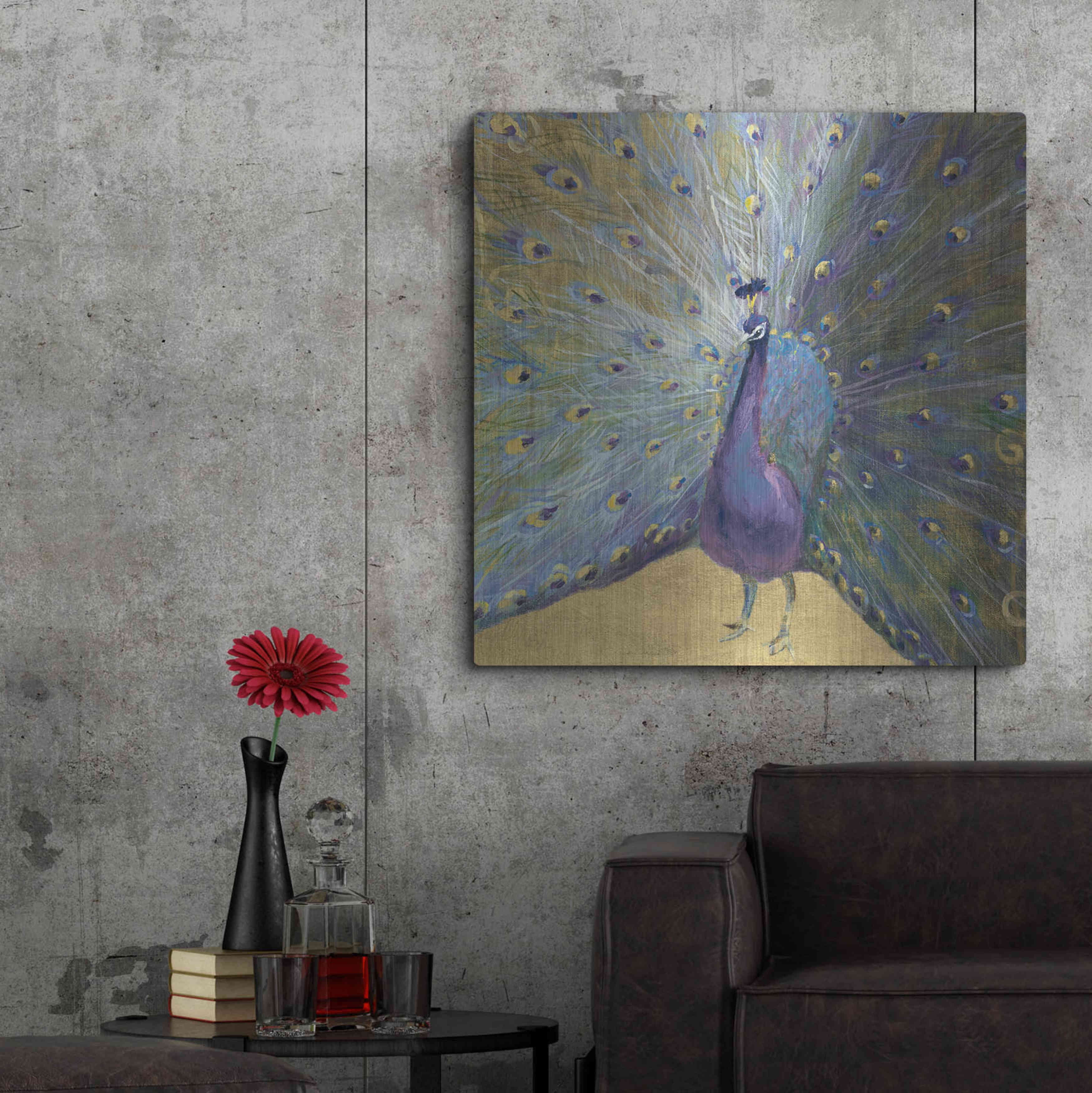 Luxe Metal Art 'Purple And Gold Peacock' by Danhui Nai, Metal Wall Art, 36