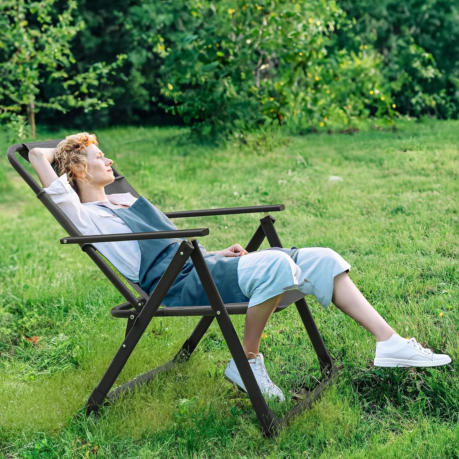 Techmilly Outdoor Dining Chairs Set of 2, Heavy Duty Adjustable Recliner, Folding Chairs for Outdoor Camping Garden, Support 300LB