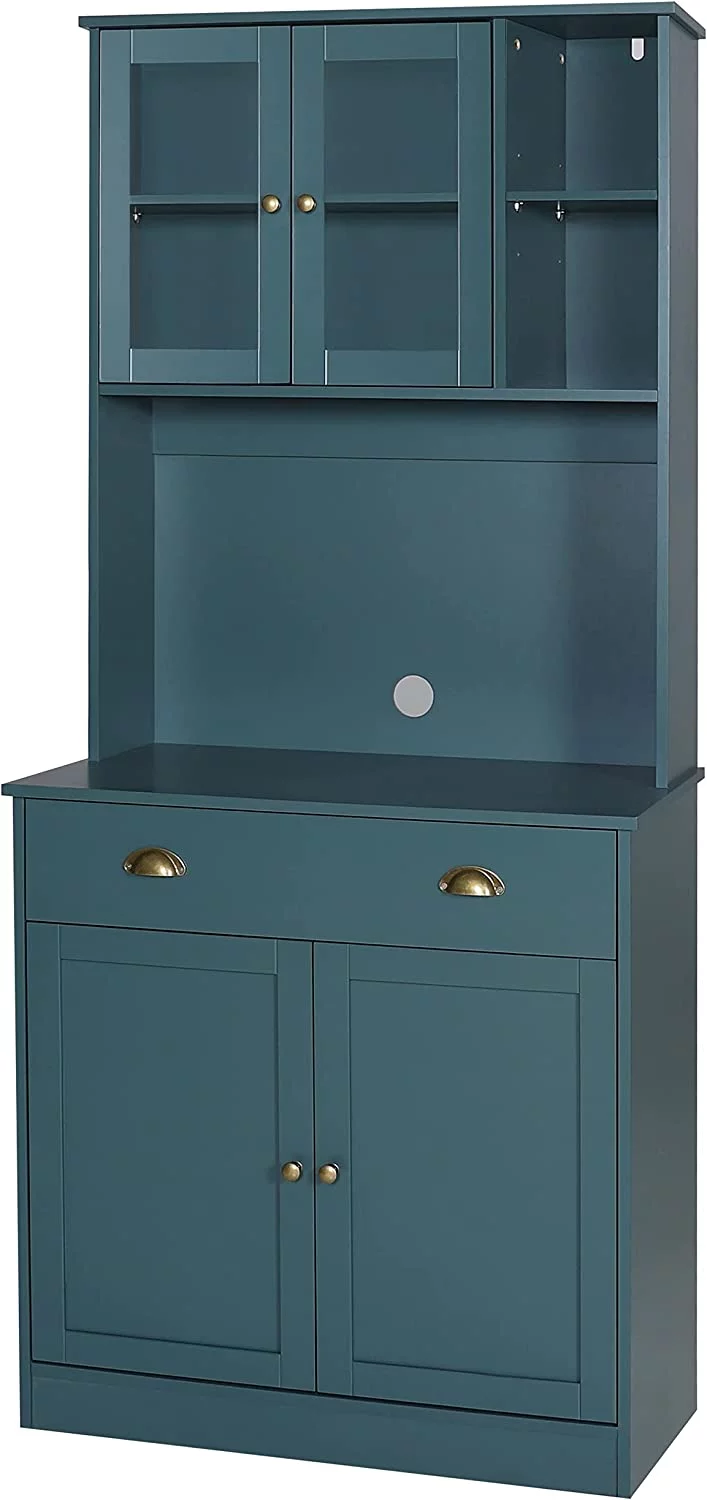 72'' Kitchen Pantry Cabinet Storage Hutch with Microwave Stand, Freestanding Pantry Buffet Cabinet with Adjustable Shelves, Cupboard and Drawer for Home, Blue