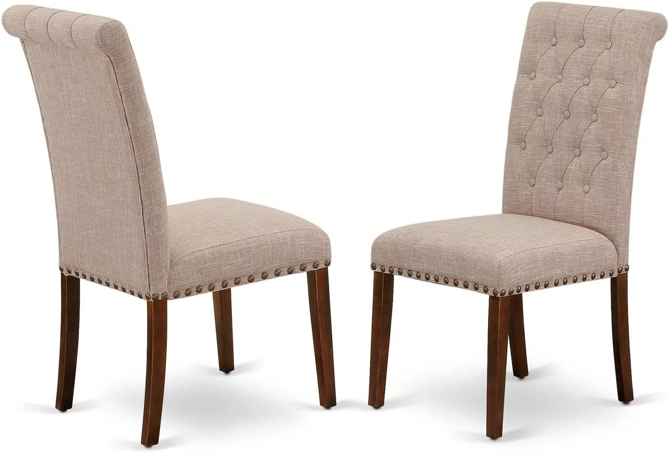BRP3T04 Parson Dining Room Button Tufted Nailhead Trim Light Tan Linen Fabric Padded Chairs, Set Of 2, Mahogany