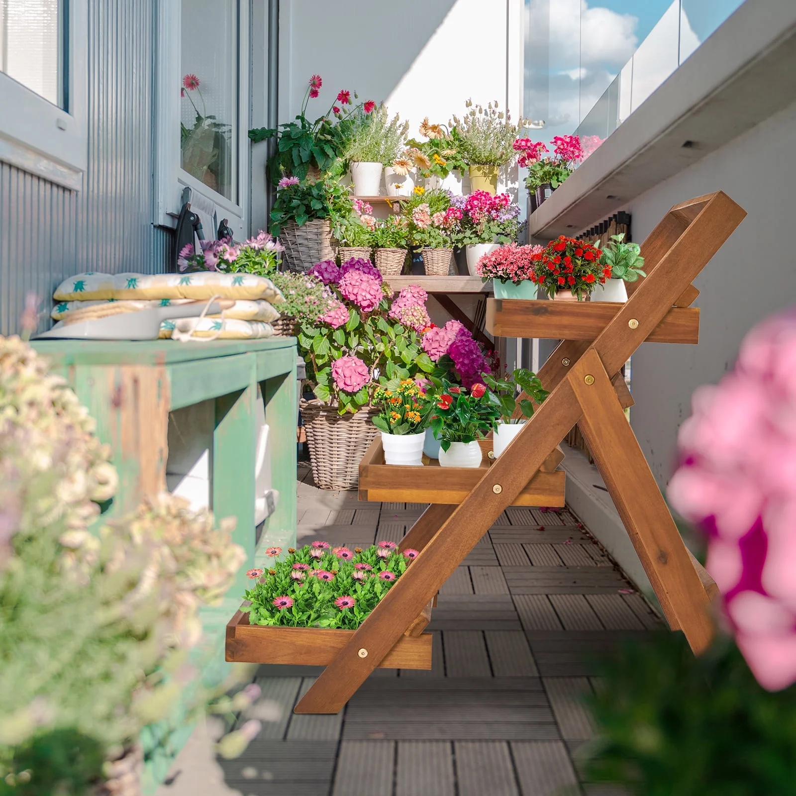 Acacia Wood Ladder Plant Stand, 3 Tier Foldable Flower Pot Display Shelf Rack for Indoor Outdoor Home Patio Lawn Garden Balcony Organizer Planter Holder (Brown