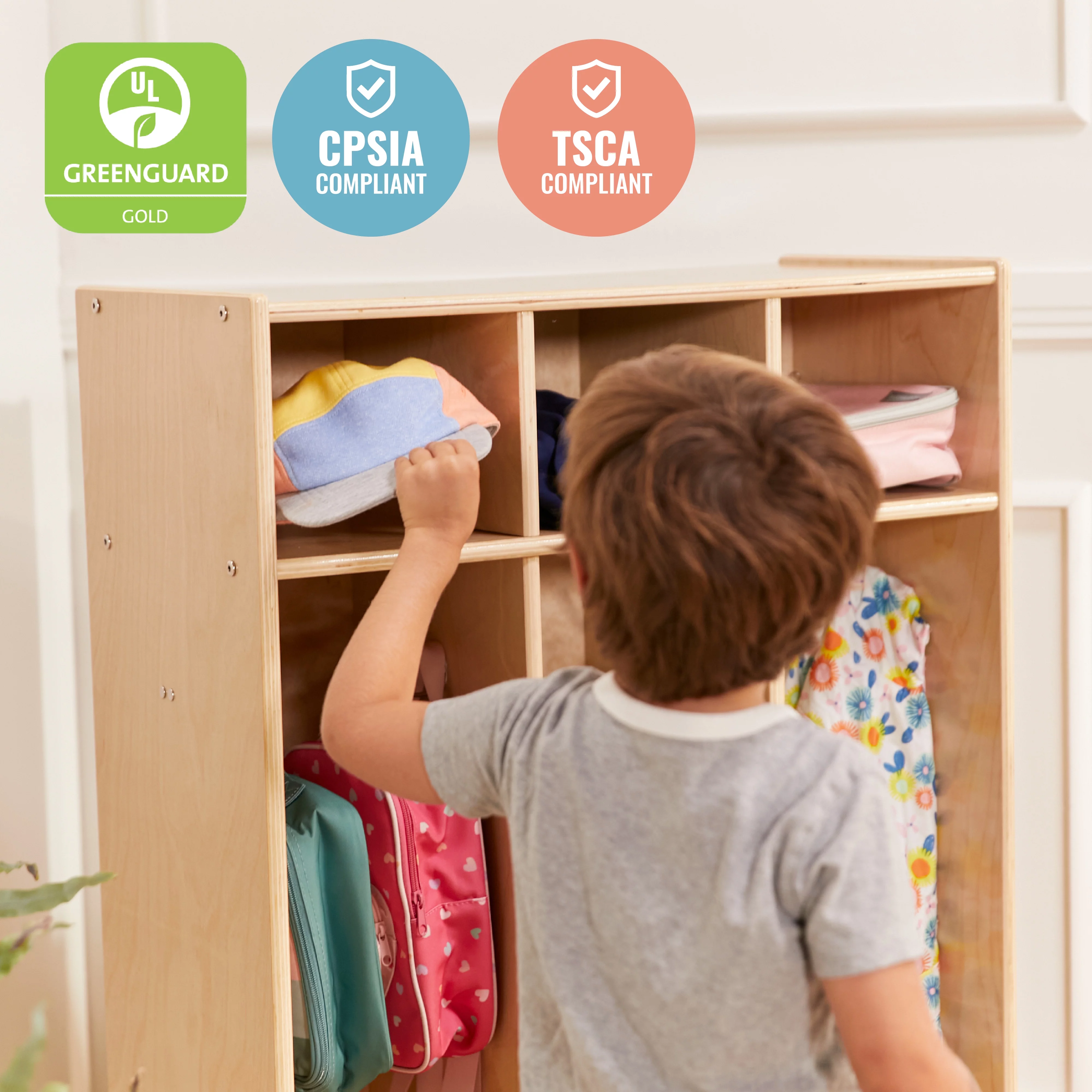 ECR4Kids Streamline 3-Section Coat Locker, Natural